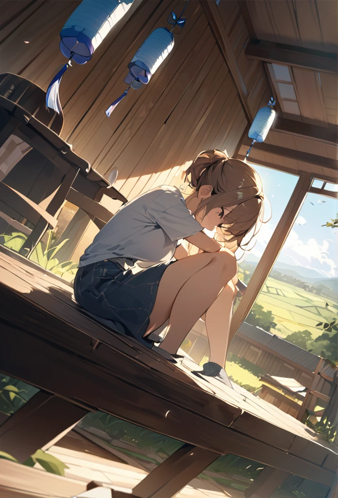 summer、Japanese countryside house、sitting on the edge。bucolic、Background of nature、Style、Countryside view、T-shirt girl、wind chimes、、One Girl、sunlight、Dynamic Angle((masterpiece,Highest quality))、
