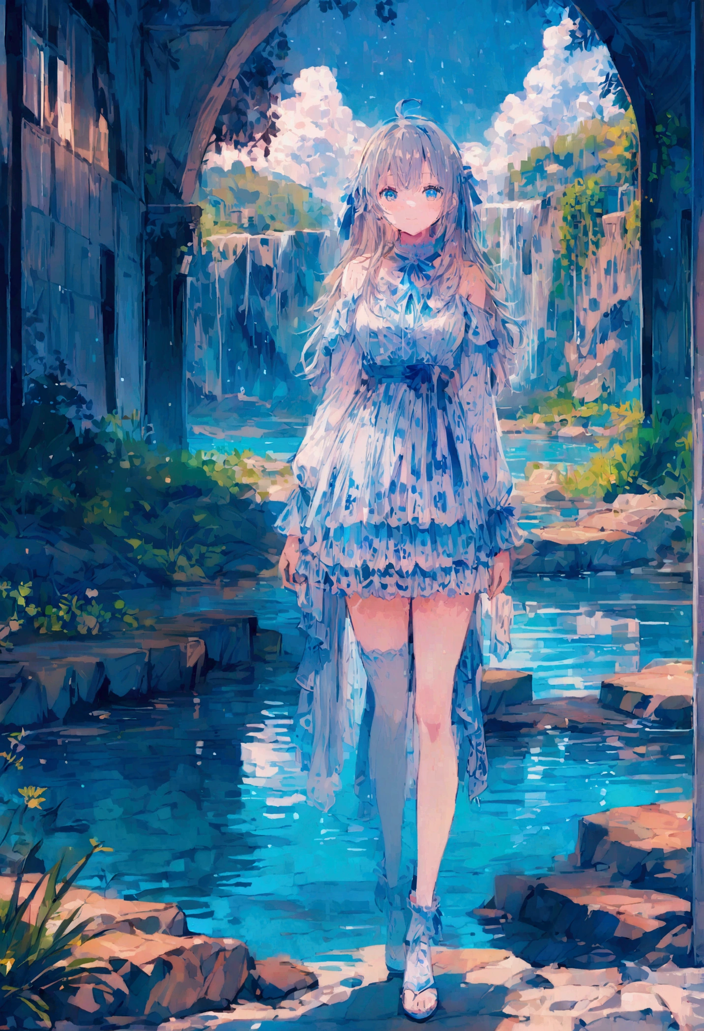 Anime girl standing near the side of a lagoon 