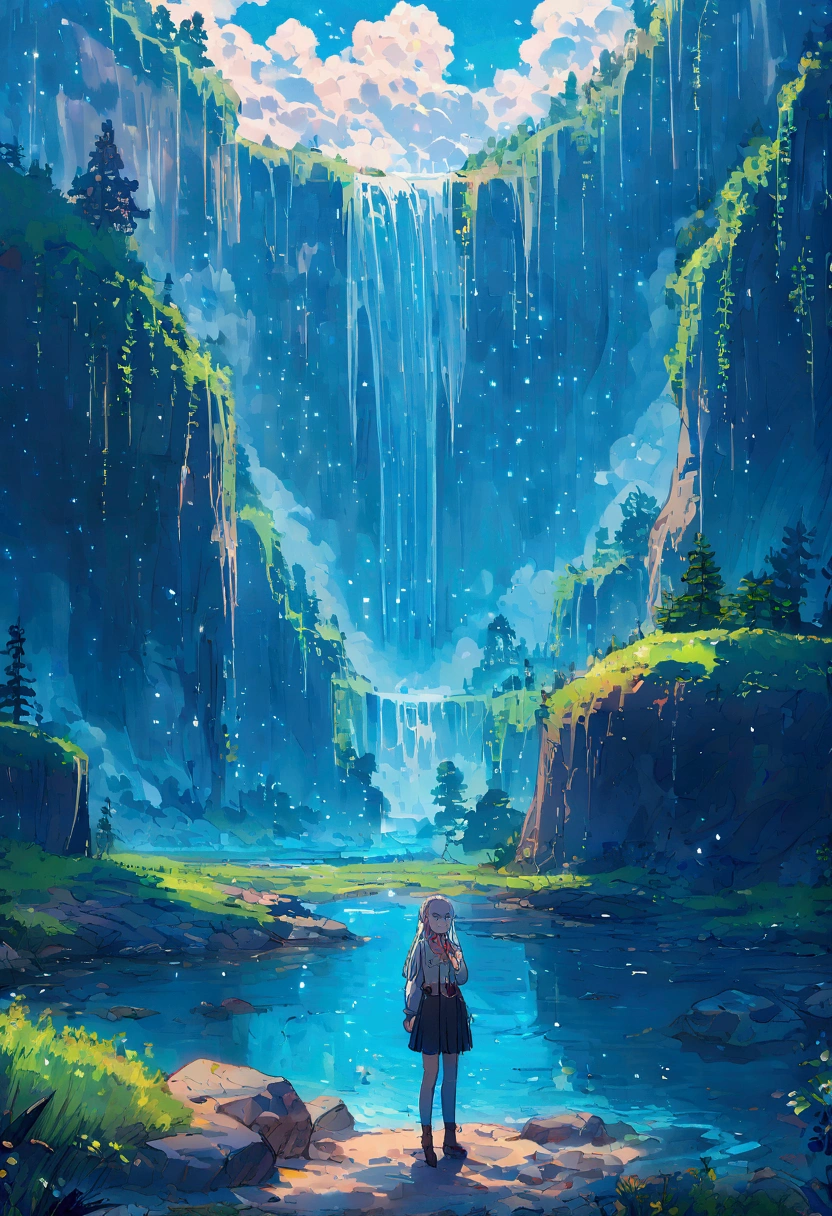 Anime girl standing near the side of a lagoon 