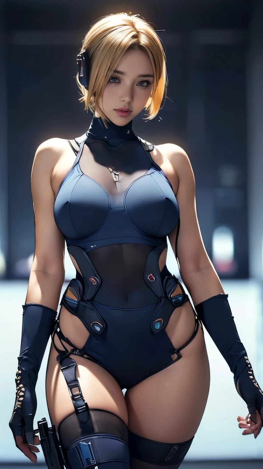(A woman),(((A female member of the Future Force rides a motorcycle))),((Navy blue tactical tights:1.5)),((earphone:1.5)),((Tactical Holster:1.5)),(Gloves:1.5),(Serious:1.5),(Super short hair:1.5),(Blonde:1.5),(beautiful eyes:1.3),(Very detailedな顔:1.5),((Very detailedな女性の手の描画:1.5)),((muscular:1.5)),(Sexy appearance:1.5),((Thick thighs:1.5)),(Beautiful Body:1.5),((Very sensual:1.5)),(Background is hanger:1.5),(Cyberpunk atmosphere:1.5),(((Blurred Background:1.5))),(Written border depth:1.5),rest(((masterpiece:1.5),(best quality:1.5),(Very detailed:1.5),(high resolution:1.5),(Practical:1.5),(Practical:1.5),(Delicate depiction),(Carefully drawn))),8K,wallpaper