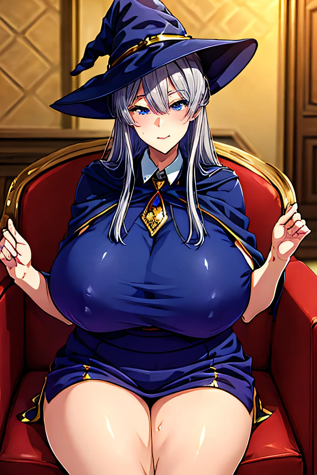 masterpiece, Highest quality, Highest quality, beautifully、aesthetic:1.2), Very detailed, Gray Hair, Long Hair, witch, Academy uniform, blue eyes, Huge breasts, Wide Hips, skirt, sofa, Sitting, Young people, 1 girl, alone, takeda hiromitsu style, White clothes, witch hat, Cape, White shirt, Pale skin, View your viewers, Pompous