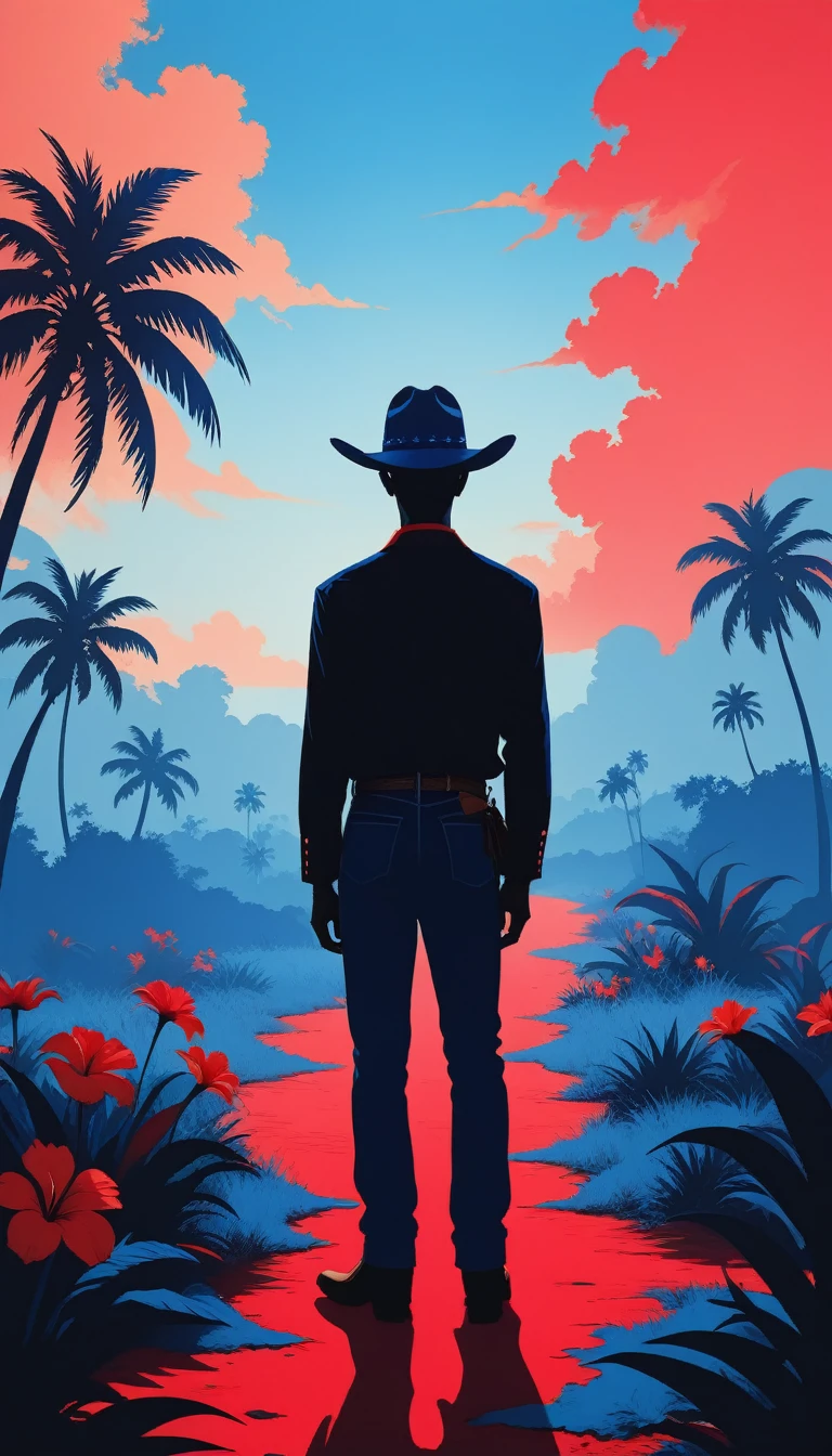 silhouette of a person standing out front of red and blue, in the style of enigmatic tropics, flowerpunk, cowboy imagery, sony alpha a1, fauvist chromatics, i can't believe how beautiful this is, minimalist expressionism