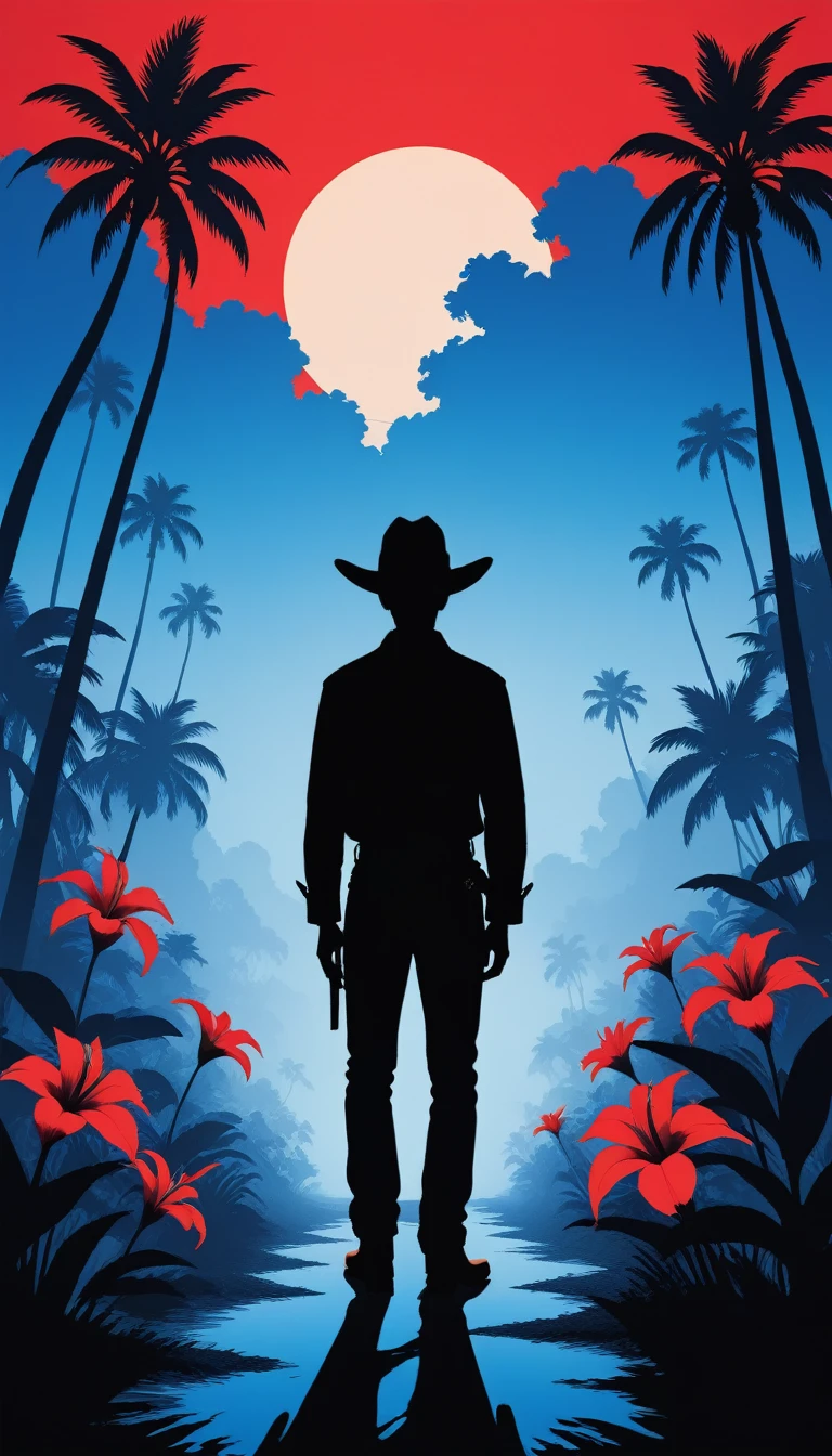 silhouette of a person standing out front of red and blue, in the style of enigmatic tropics, flowerpunk, cowboy imagery, sony alpha a1, fauvist chromatics, i can't believe how beautiful this is, minimalist expressionism