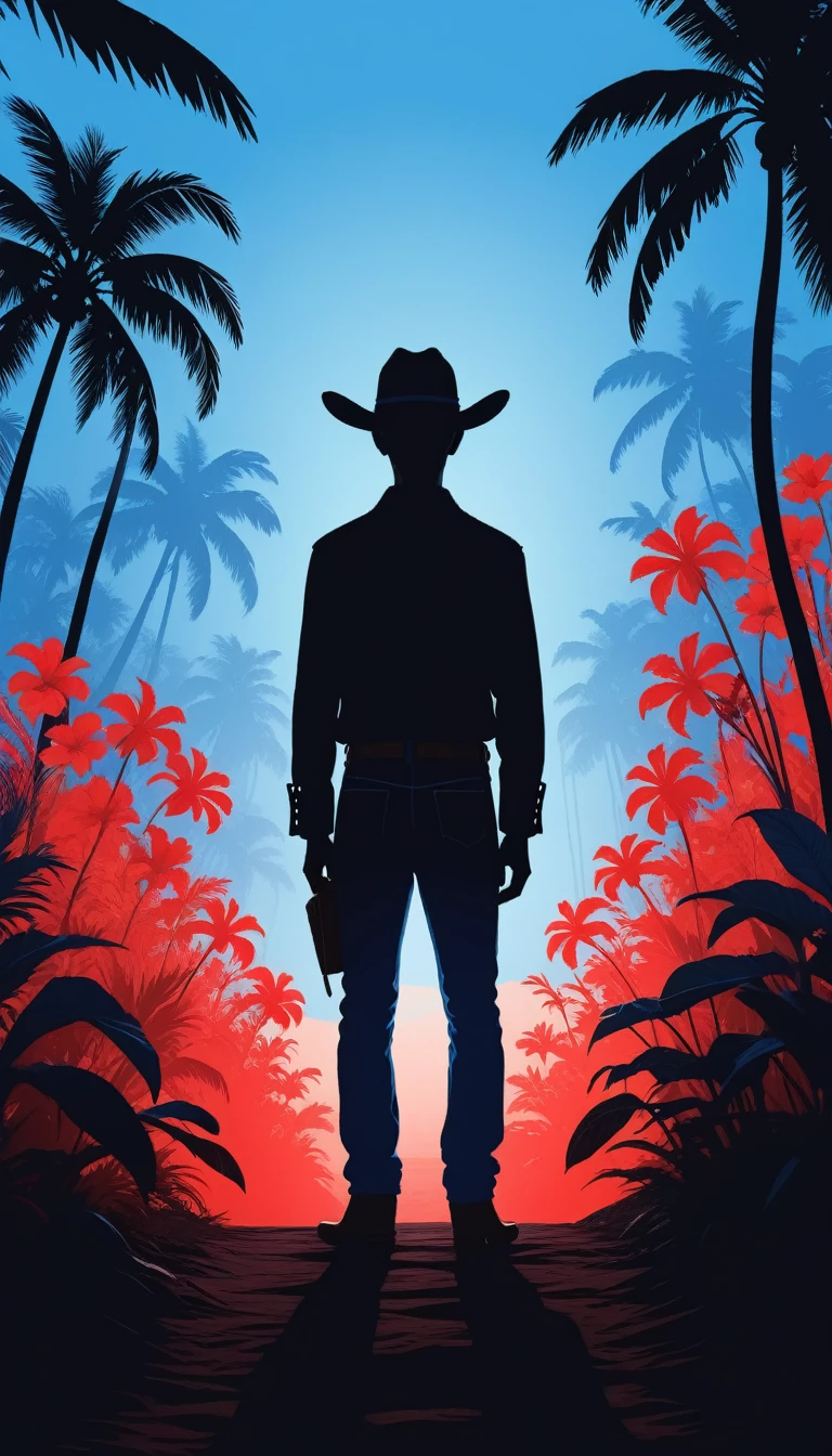 silhouette of a person standing out front of red and blue, in the style of enigmatic tropics, flowerpunk, cowboy imagery, sony alpha a1, fauvist chromatics, i can't believe how beautiful this is, minimalist expressionism