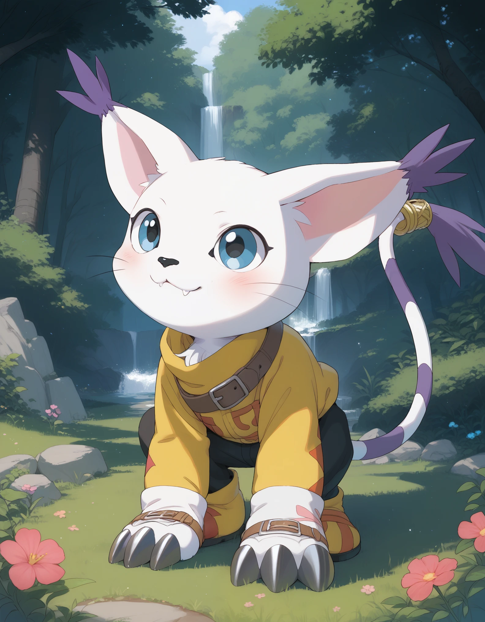  source_furry, absurdres, masterpiece, outstanding,, GATOMON, TAIL RING, RINGLESS, solo, digimon, in a forest, blue eyes, 