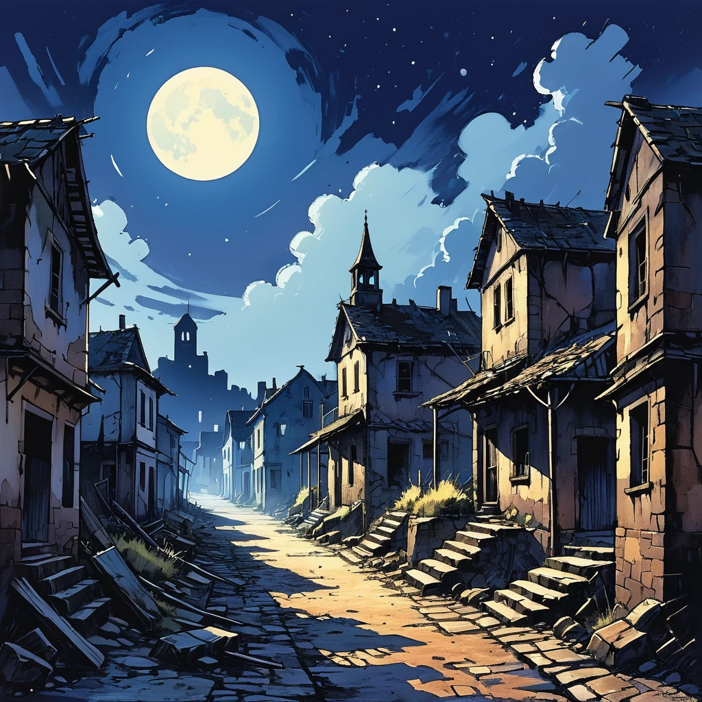 ((marker style)),ruined townscape,Faint moonlight,