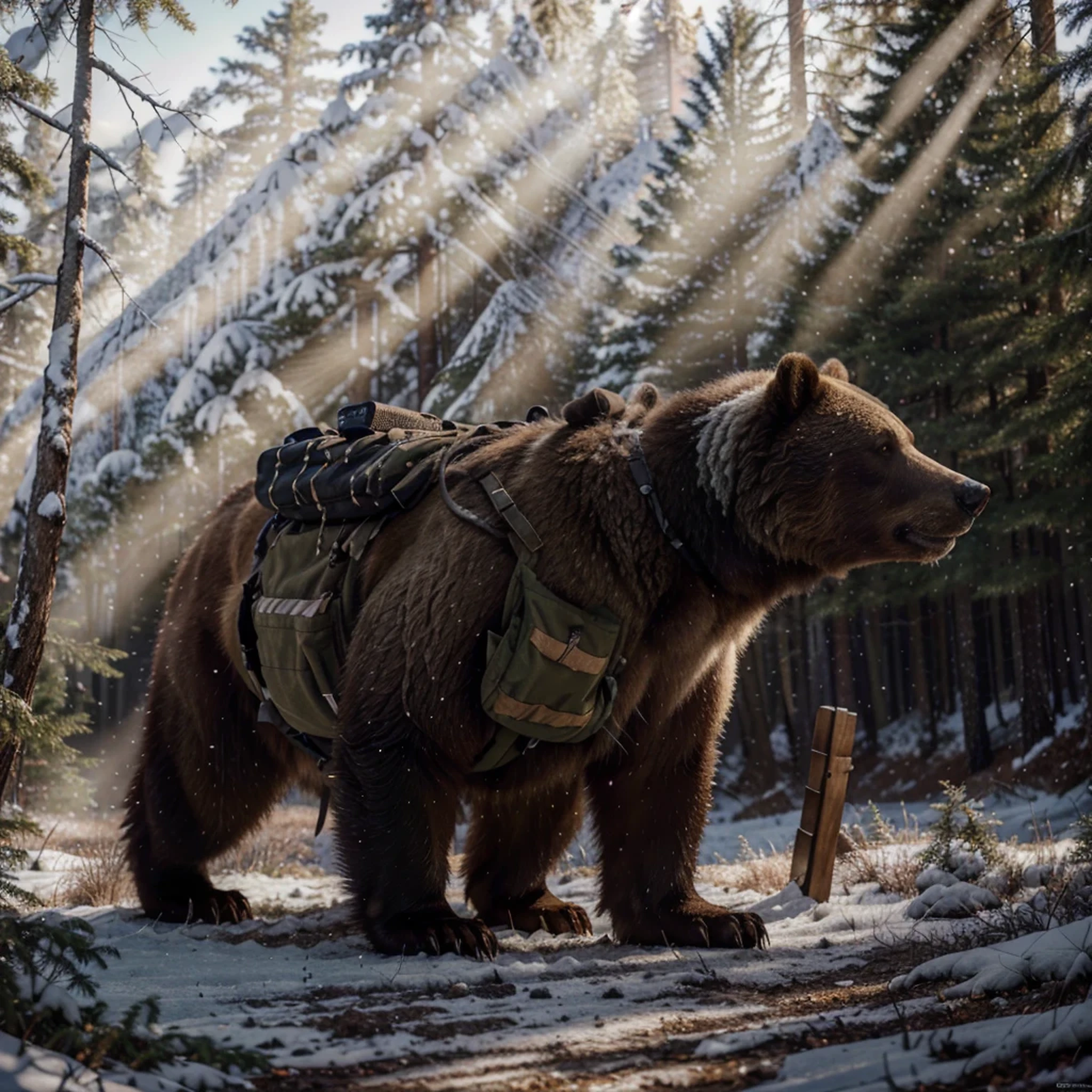 Grizzly bear with realistic and detailed fur, the bear wears metal armor plates and military style backpacks, ammunition belts, wears a red and white ribbon, Wild winter forest, realistic, 4k, Ultra detailed image, realistic, Highly detailed, perfect composition, splendid, Intricately detailed, Incredibly detailed, 8 k artistic photography, hyper detailed, Masterpiece, Ultra detailed, hyper realistic
