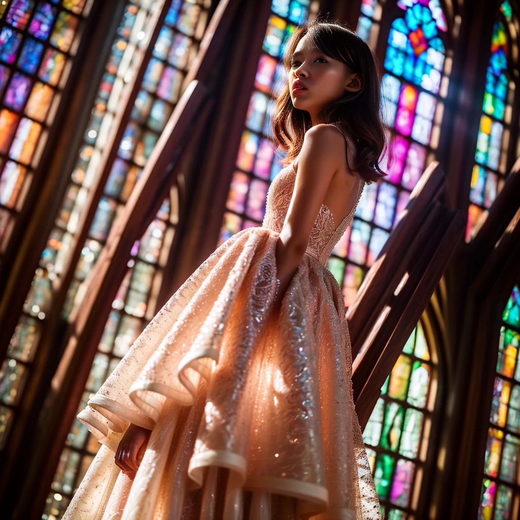 (Cathedral from below:1.28) (ZoomLayer) TopQuality 8K masterpiece of ((Professional photo)), (((Clarisse de Cagliostro))) (Detailed White WeddingDresses), Chain, (((Extremely detailed KAWAII face))) {((VeiledFace))|BlondeHair|(Elaborate BuleEyes)with(SparklingHighlights:1.28)}, The background is distant (((Elaborate stained glass))) Rainbow Glass, {(MysticSight)|EnchantingAtmosphere|Haze|(GodRays)|TyndallEffect}, Radiant PearlSkin with Transparency, (Exposed:0.39)