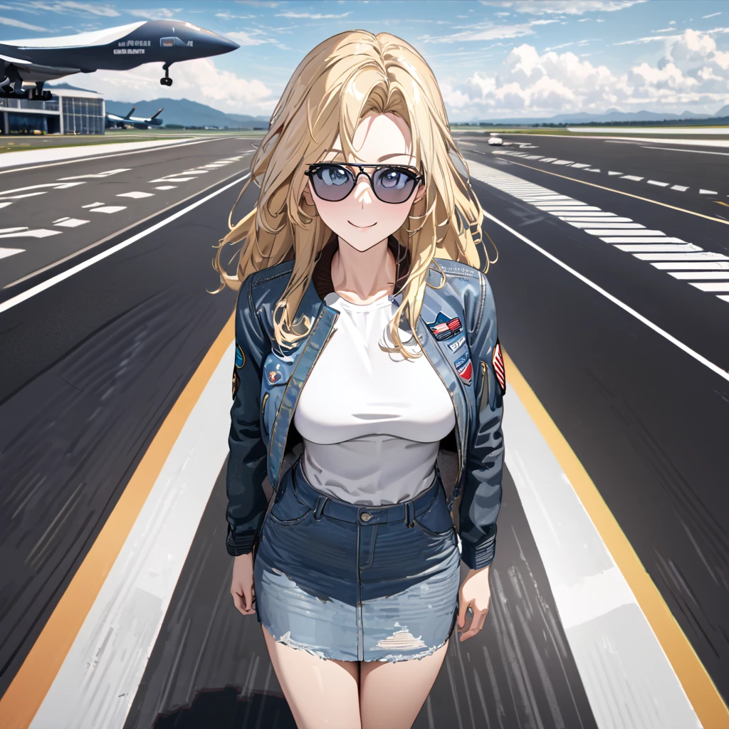 A woman wearing a ''top gun'' style denim jacket, wearing a white shirt, blonde hair, long hair, sports shoes, blue eyes, denim skirt, sunglasses, big breasts, smiling, on an airport runway, wide runway, standing posture, wide view of the sky, daytime location.(solo woman) ,UHD , prime work , accurate , anatomically correct , textured skin , super details , high quality , best quality, 8k, high resolution, bokeh effect.
