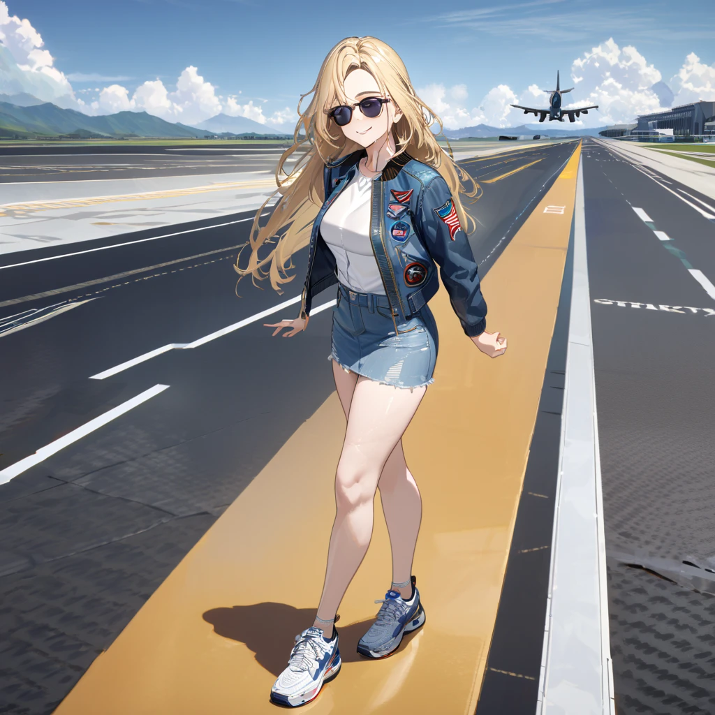 A woman wearing a ''top gun'' style denim jacket, wearing a white shirt, blonde hair, long hair, sports shoes, blue eyes, denim skirt, sunglasses, big breasts, smiling, on an airport runway, wide runway, standing posture, wide view of the sky, daytime location.(solo woman) ,UHD , prime work , accurate , anatomically correct , textured skin , super details , high quality , best quality, 8k, high resolution, bokeh effect.
