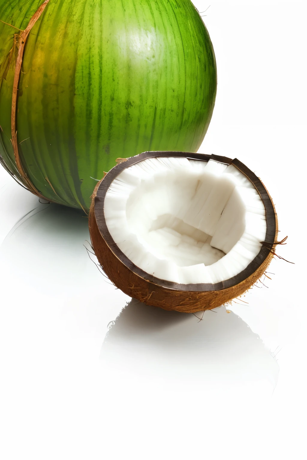 A green fresh coconut with a cut and coconut water flowing out with water drops on the surface HD photo style (8k wallpaper), (best quality), (best illustration), (best shadow), absurdres, realistic lighting