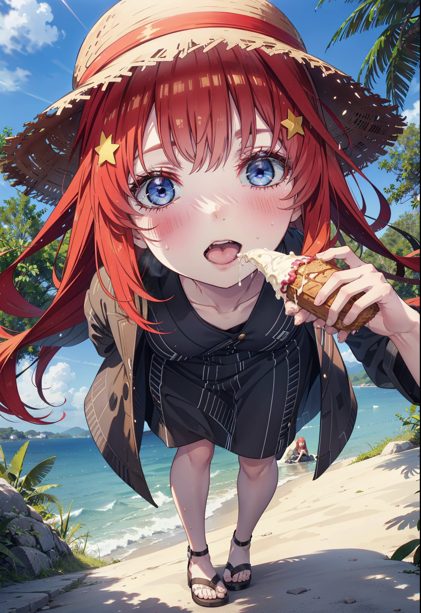 itsukinakano, Itsuki Nakano, bangs, blue eyes, Long Hair,Hair between the eyes, Ahoge, Redhead, star \(symbol\), hair ornaments, star hair ornaments,Straw hat,Red sleeveless dress,mini skirt,Heeled Sandals,Walking,smile,blush,Open your mouth,Eating ice cream,Holding ice cream in one hand,whole bodyがイラストに入るように,Palm tree,True Summer,Clear skies,
break outdoors,Tropical Coastline,
break looking at viewer,whole body ,
break (masterpiece:1.2), Highest quality, High resolution, unity 8k wallpaper, (figure:0.8), (Beautiful attention to detail:1.6), Highly detailed face, Perfect lighting, Highly detailed CG, (Perfect hands, Perfect Anatomy),