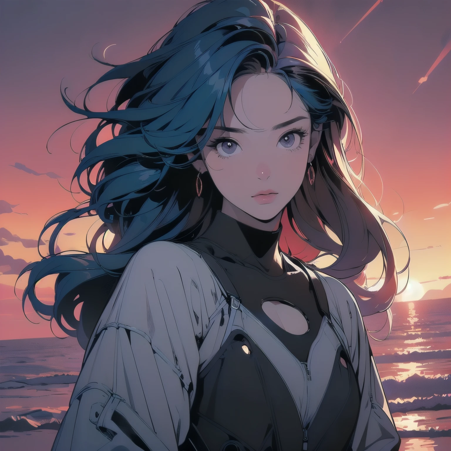 (((Fisheye Lens))), Superior quality, masterpiece, 32K, Depth of written boundary, Complex background、 (((gear))), (((Strong red sunset))), Panorama, Long Shot, Backlight, (((Very dull color))),(((One Woman))), (((Extremely detailed backgrounds))), (((head shot))), Ultra detailed hair, (((Faint lighting))),(((A variety of unique hairstyles))), ((((Different angles)))), (((The wind is blowing))),(((Light on the face.))),(((Flat Chest))),Spacesuit,(((mysterious))),Destroyed city,Beautiful face like a goddess、Perfect Face、(((gearの付いた柱)))、Rusty World、Blue hair color
