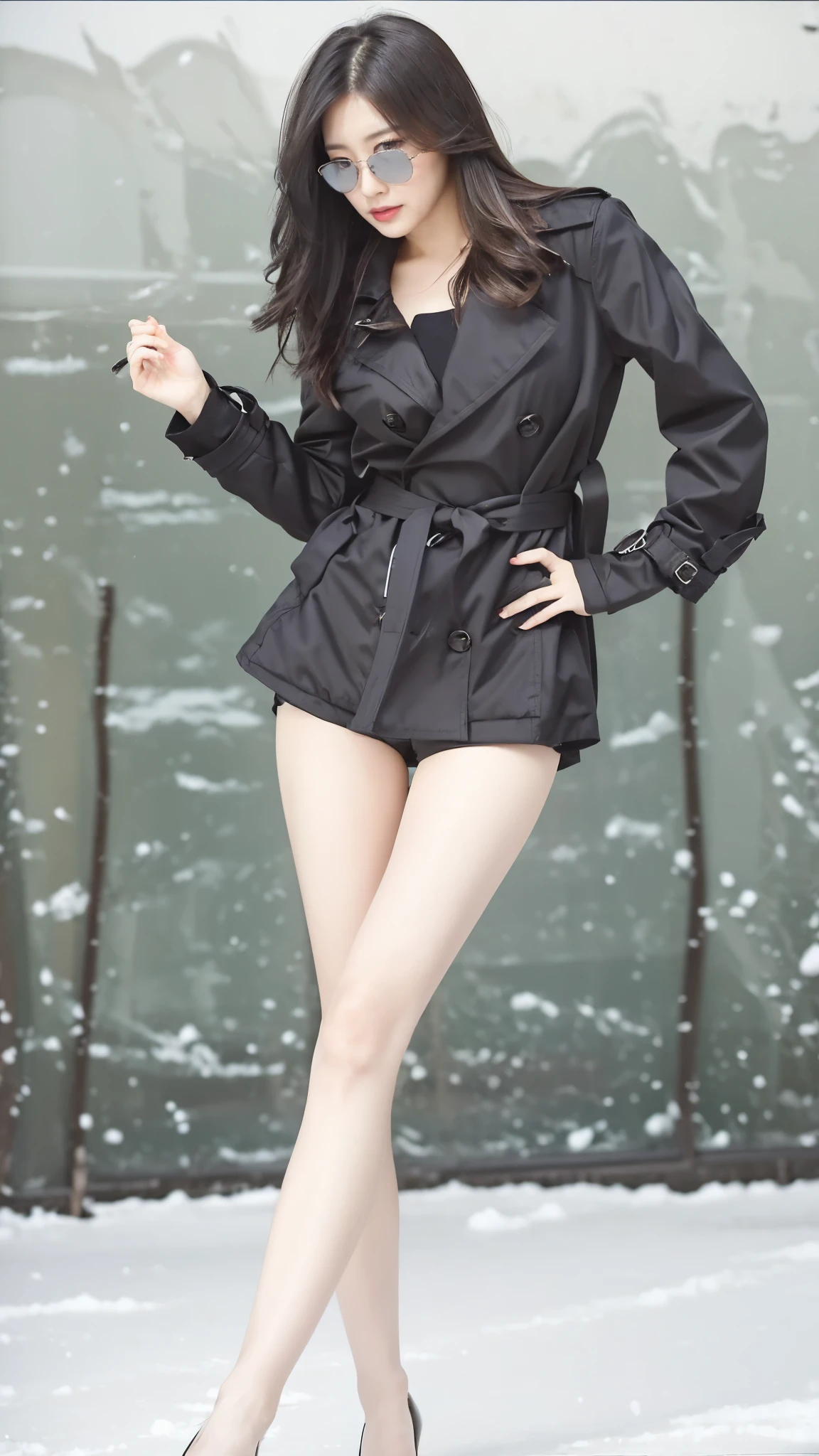 Japanese woman, long black hair, beautiful face, black sunglasses, trench coat, micro shorts, beautiful legs, bare legs, tall, long legs, stiletto heels, model pose, heavy snow, snowstorm, blizzard, strong wind