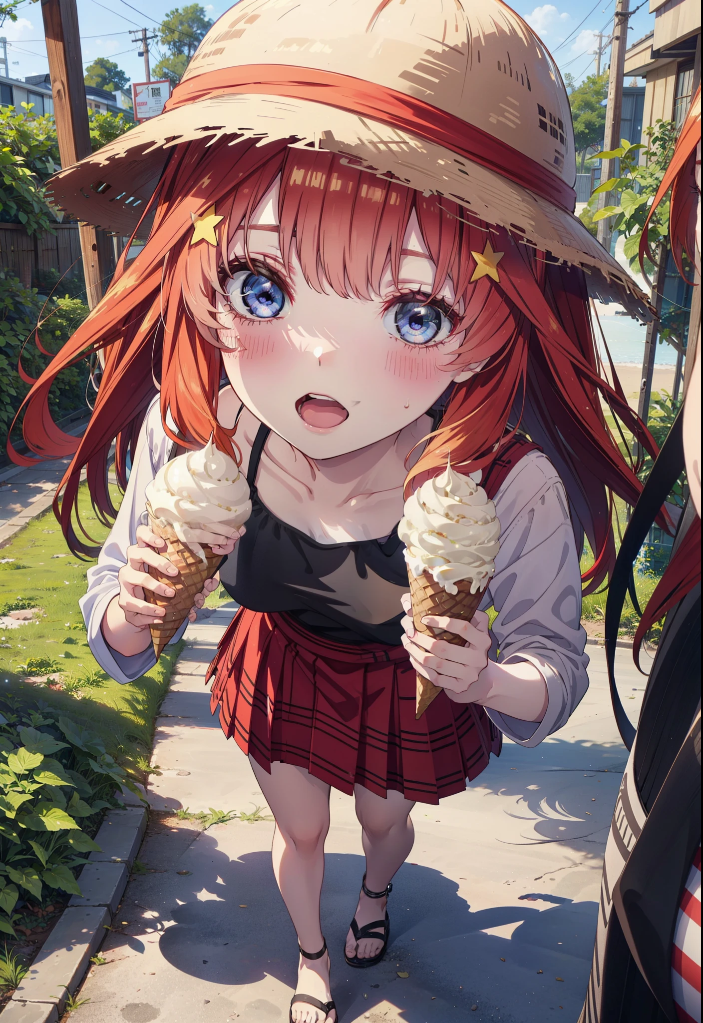 itsukinakano, Itsuki Nakano, bangs, blue eyes, Long Hair,Hair between the eyes, Ahoge, Redhead, star \(symbol\), hair ornaments, star hair ornaments,Straw hat,Red sleeveless dress,mini skirt,Heeled Sandals,Walking,smile,blush,Open your mouth,Eating ice cream,Holding ice cream in one hand,whole bodyがイラストに入るように,Palm tree,True Summer,Clear skies,
break outdoors,Tropical Coastline,
break looking at viewer,whole body ,
break (masterpiece:1.2), Highest quality, High resolution, unity 8k wallpaper, (figure:0.8), (Beautiful attention to detail:1.6), Highly detailed face, Perfect lighting, Highly detailed CG, (Perfect hands, Perfect Anatomy),