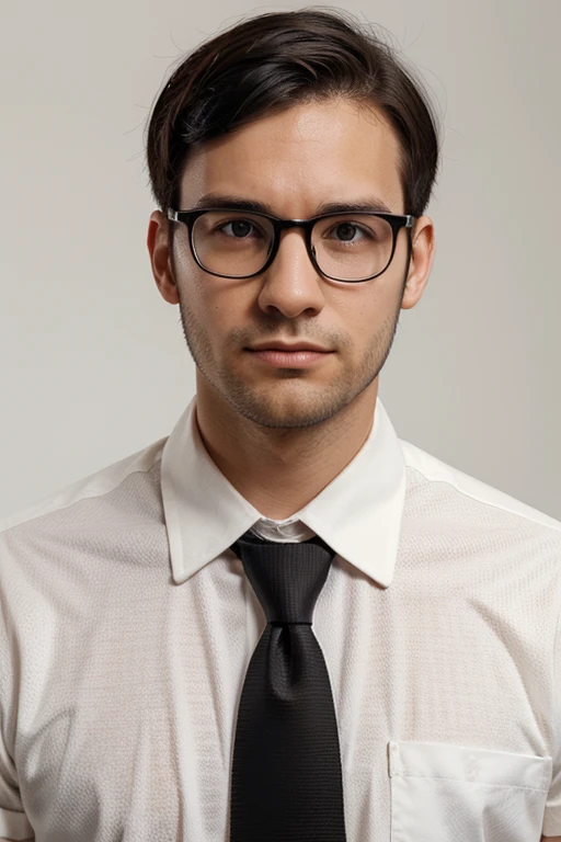 Front portrait photo, 30 year old young man, neutral expression, shirt and tie on white background, big glasses and straight black hair, short hair