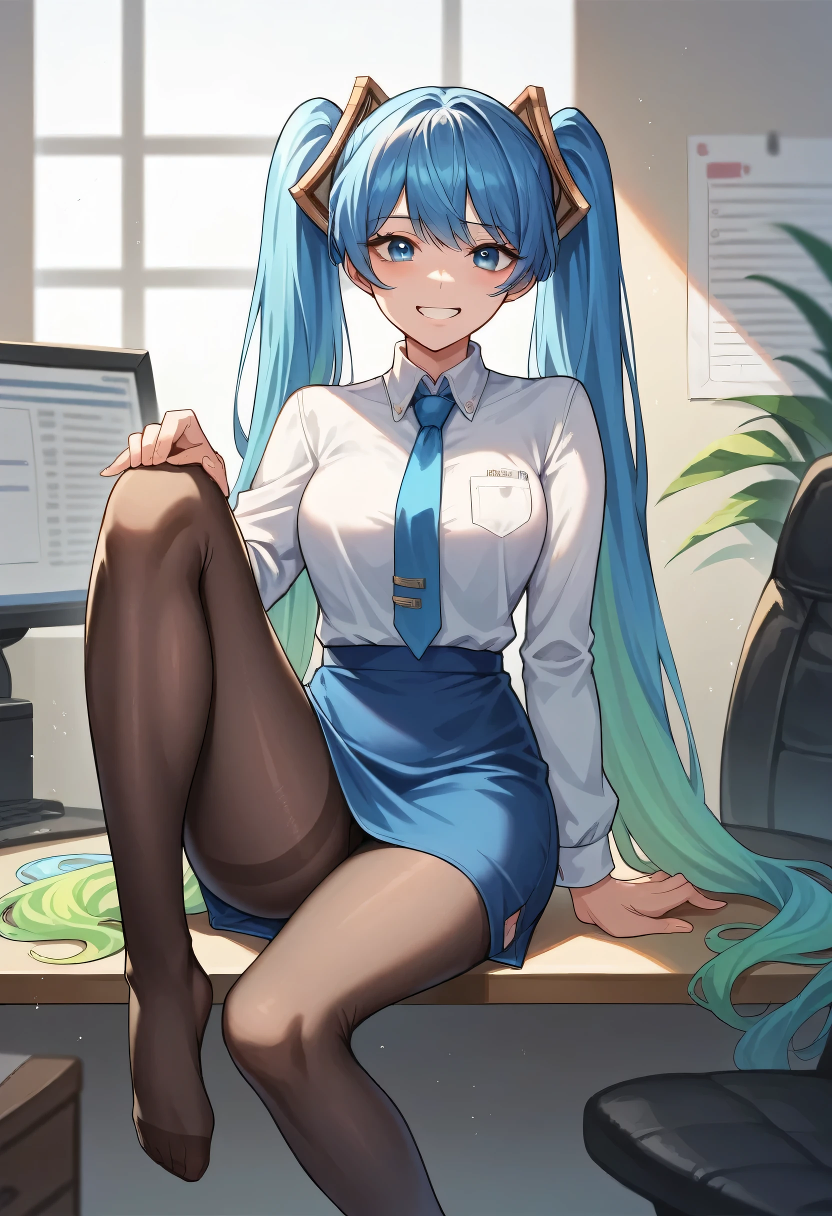 masterpiece, best quality, ultra-detailed, illustration, colorful, flat color, depth of field, 1girl, sona buvelle, anime, sitting, blue hair, twintails, blue eyes, looking at viewer, at office, white shirt, blue tie, blue skirt, pantyhose, black pantyhose, detailed skin texture, detailed cloth texture, beautiful detailed face, seductive grin