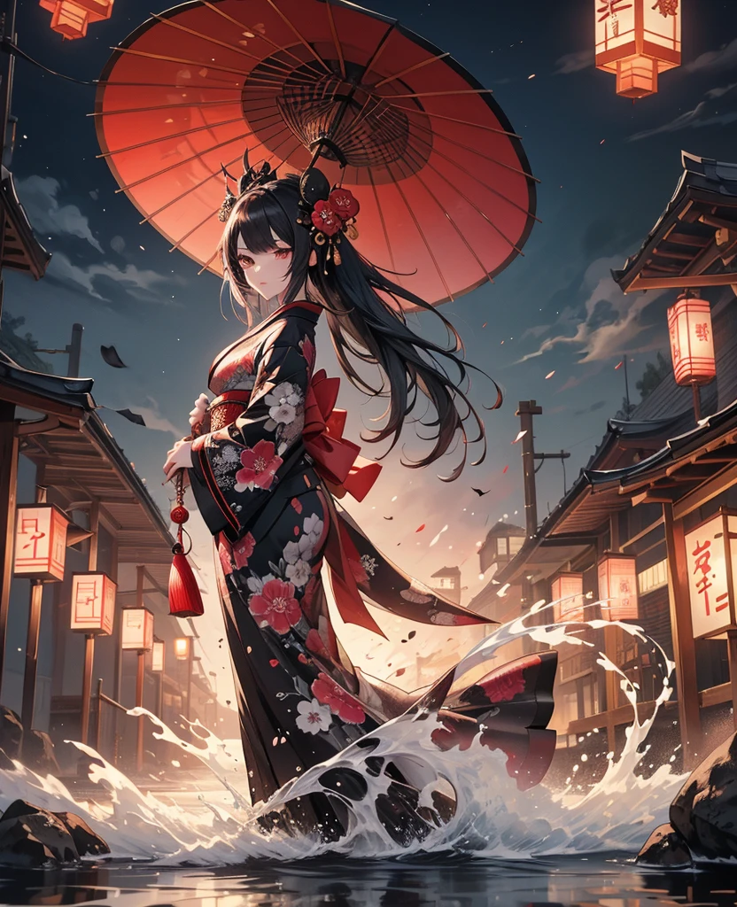 Ink painting,Black and white painting,splash,whole body,luxurious makeup,Gorgeous kimono,Oiran hair ornament,Oiran with a large umbrella,Night scenery with lanterns lined up,