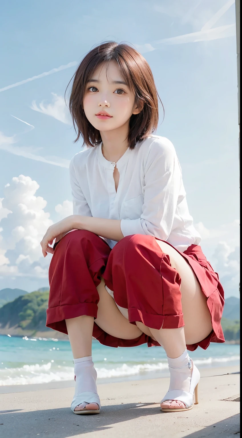 high quality、high resolution、masterpiece、Bright red sky、Beautiful crimson clouds in the background、Squat on the edge of the wave with your legs apart, She has medium bob hair、White blouse、Pleated skirt、Red High Heels、White socks、 White panties、 She is posing for a photo shoot, Looking into the camera、Shooting from below、Intellectual look、Too cute face
