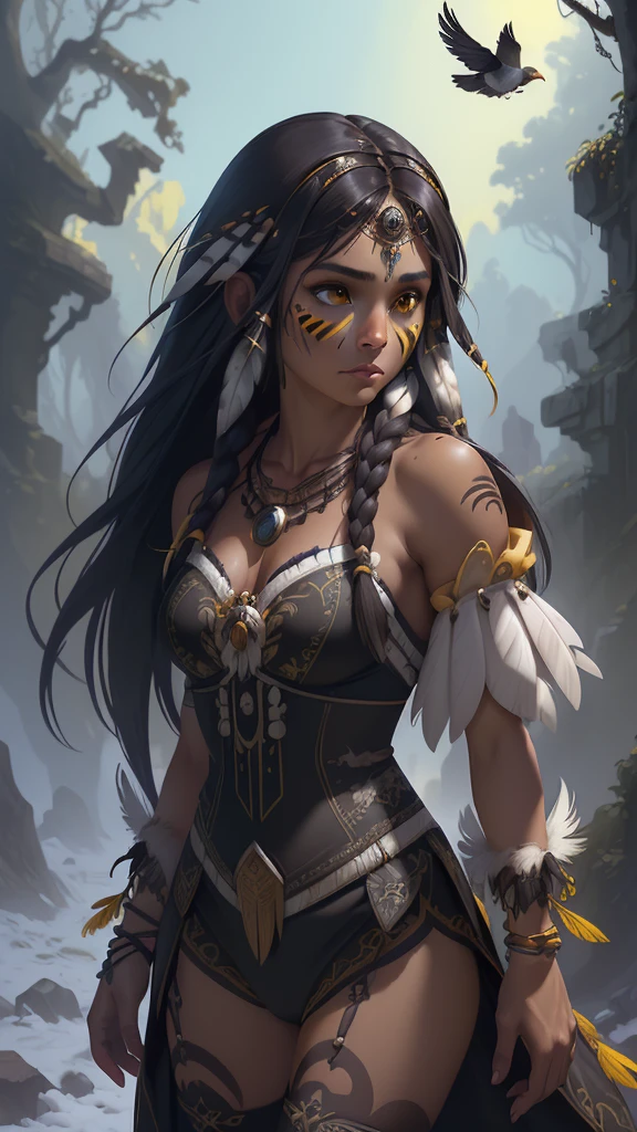 (La mejor calidad,A high resolution,Ultra - detallado,actual),Ariana Grande es una American native Indian, plumas en la cabeza ,(Native American:1.4), (dark ebony skin:1.4) ,(vestimenta yellow+white native American :1.4), feather,hair ornaments,jewelry,necklace,Tribal,Head ornament,Bracelet,Face Paint,Braiding,bracelet, Wow_fast_no_Freezing_style, One girl in full growth,(Fondo Los pastizales y matorrales :1.4), (Fondo de ruinas de mazmorra en ruinas selva pradera :1.4 ), Epic Fantasy Art Style HD, 4K fantasy art, epic fantasy digital art style, epic fantasy art style, Fantasy Woman, epic fantasy art portrait, Epic fantasy style, hyperrealistic fantasy art, hd fantasy art, Epic fantasy character art, epic fantasy art, in style of dark fantasy art, epic fantasy digital art, (pose vaquero), (anatomía perfecta :1.4),( fondo bosque árboles grandes pradera :1.4),( estilo encaje lingerie white :1.4), (face detailed America native :1.4), (native American :V2.1),( pose vaquero), (fondo árboles grandes atoño :1.4), (dark ebony skin:1.4), (ojos hermosos detailed :1.4), (tiene plumas white grandes de águila vestuario :1.4), (águila plumas realistic :1.4)
