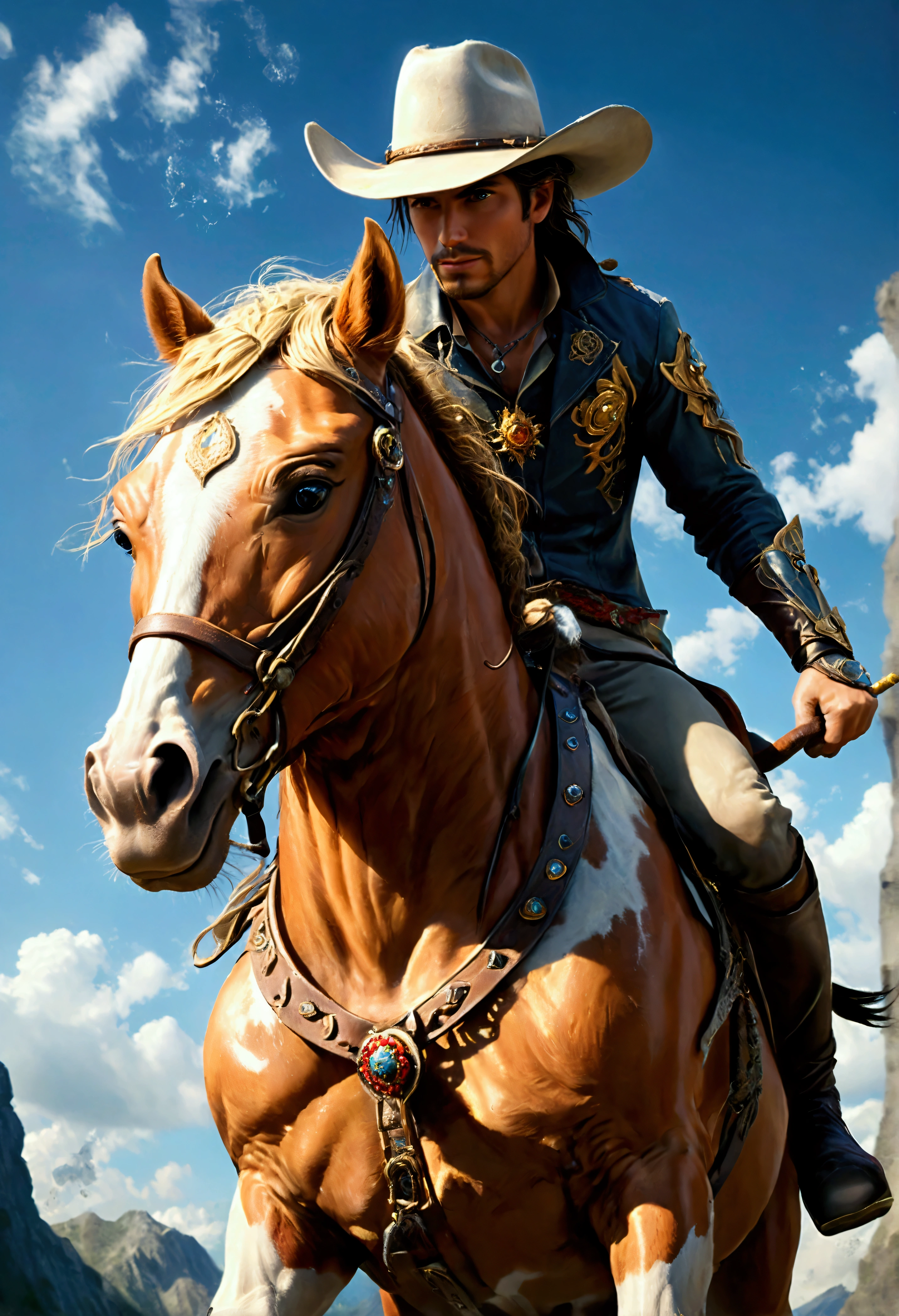 quality\(8k,wallpaper of extremely detailed CG unit, ​masterpiece,hight resolution,top-quality,top-quality real texture skin,hyper realisitic,increase the resolution,RAW photos,best qualtiy,highly detailed,the wallpaper,cinematic lighting,ray trace,golden ratio\), BREAK ,solo,1man\(cowboy,riding 1horse,cowboy_hat, cigarette,big smile,full body, holding lariat rope\), BREAK ,1horse\(big, wild rampage horse, very beautiful, white,full body,jumping\), BREAK ,(dynamic action:1.5),(dynamic angle:1.6),western wilderness