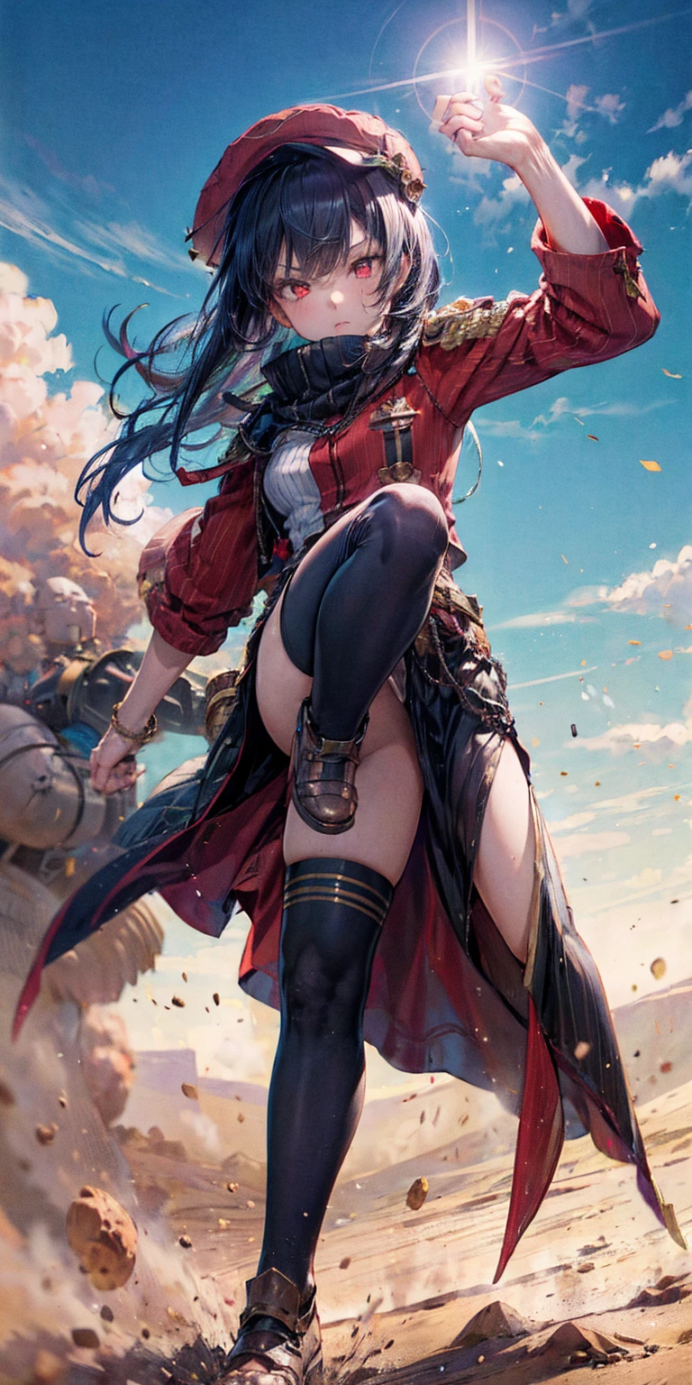 High Quality, Masterpiece, 1girl, MONSTER kicking, DESERT SAND STORM, standing on one leg, red eyes, hat, skirt, side slit, thigh highs