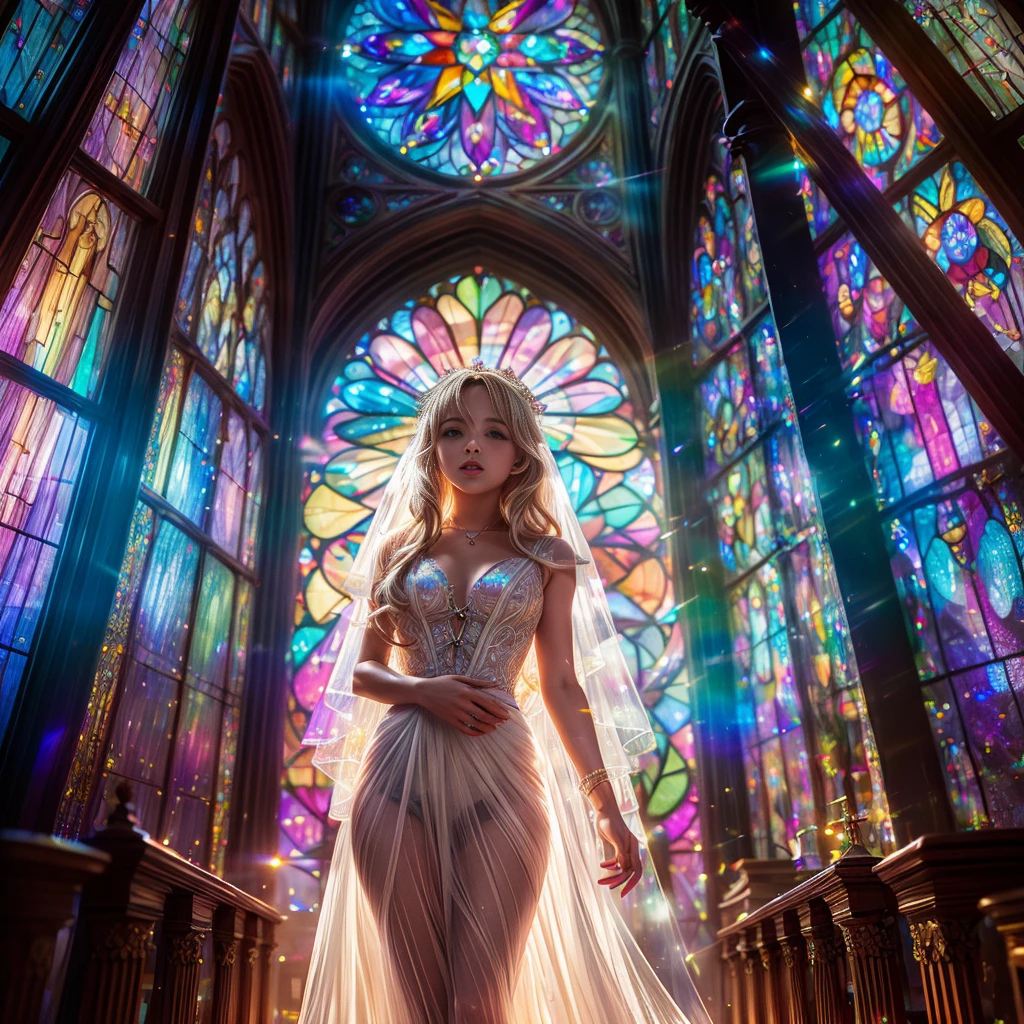 (Cathedral from below:1.28) (ZoomLayer) TopQuality 8K masterpiece of ((Professional photo)), (((Clarisse de Cagliostro))) (Detailed White WeddingDresses), Chain, (((Extremely detailed KAWAII face))) {((VeiledFace))|BlondeHair|(Elaborate BuleEyes)with(SparklingHighlights:1.28)}, The background is distant (((Elaborate stained glass))) Rainbow Glass, {(MysticSight)|EnchantingAtmosphere|Haze|(GodRays)|TyndallEffect}, Radiant PearlSkin with Transparency, (Exposed:0.39)
