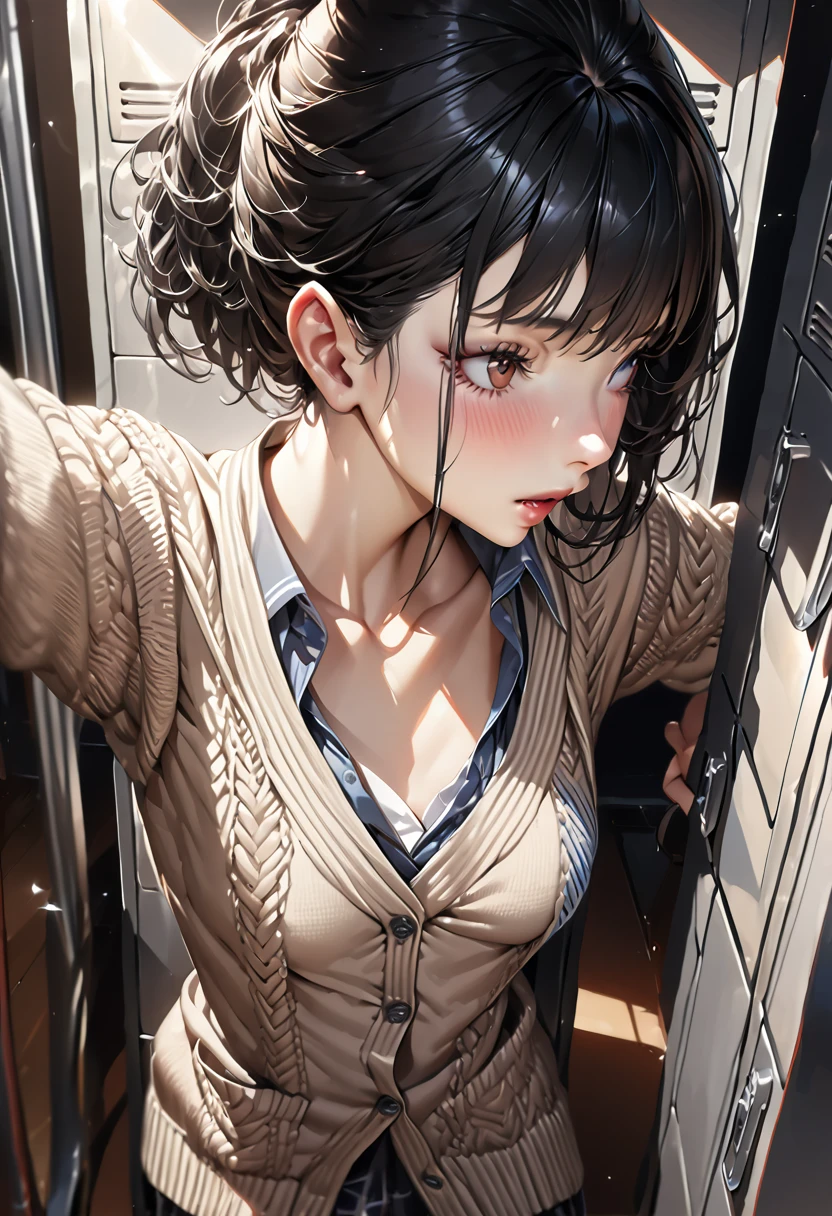 (((masterpiece) (((((best quality))))((high resolution))))), Very detailed, Ultra-realistic, )、、Lockersルーム、Cardigan、White、White、Black Hair、Small Breasts、Lockers