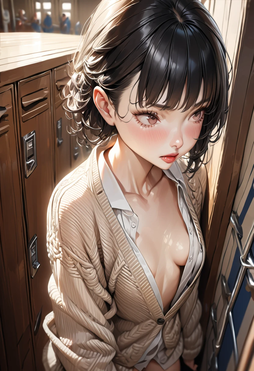 (((masterpiece) (((((best quality))))((high resolution))))), Very detailed, Ultra-realistic, )、、Lockersルーム、Cardigan、White、White、Black Hair、Small Breasts、Lockers