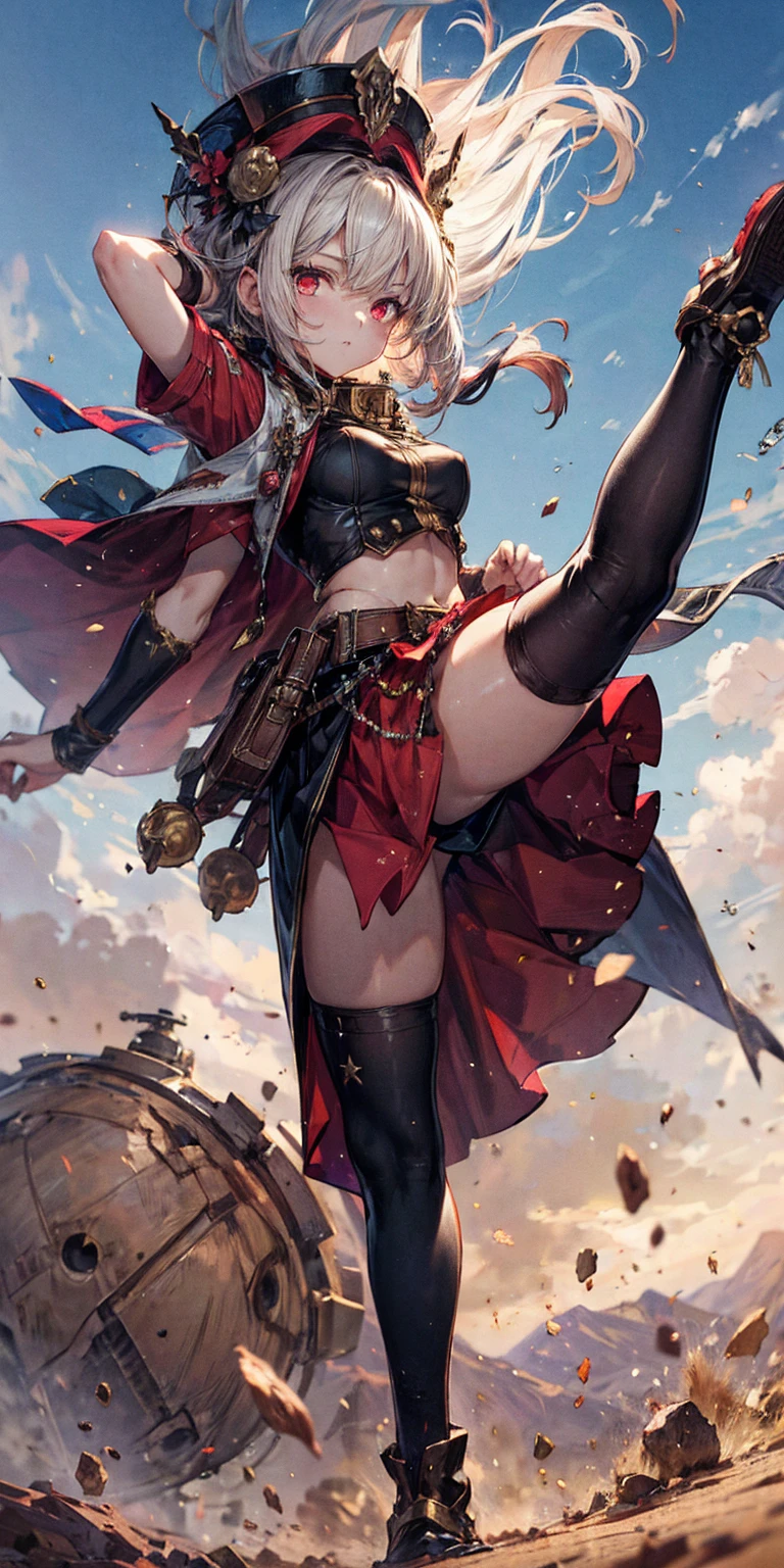 High Quality, Masterpiece, 1girl, MONSTER kicking, DESERT SAND STORM, standing on one leg, red eyes, hat, skirt, side slit, thigh highs