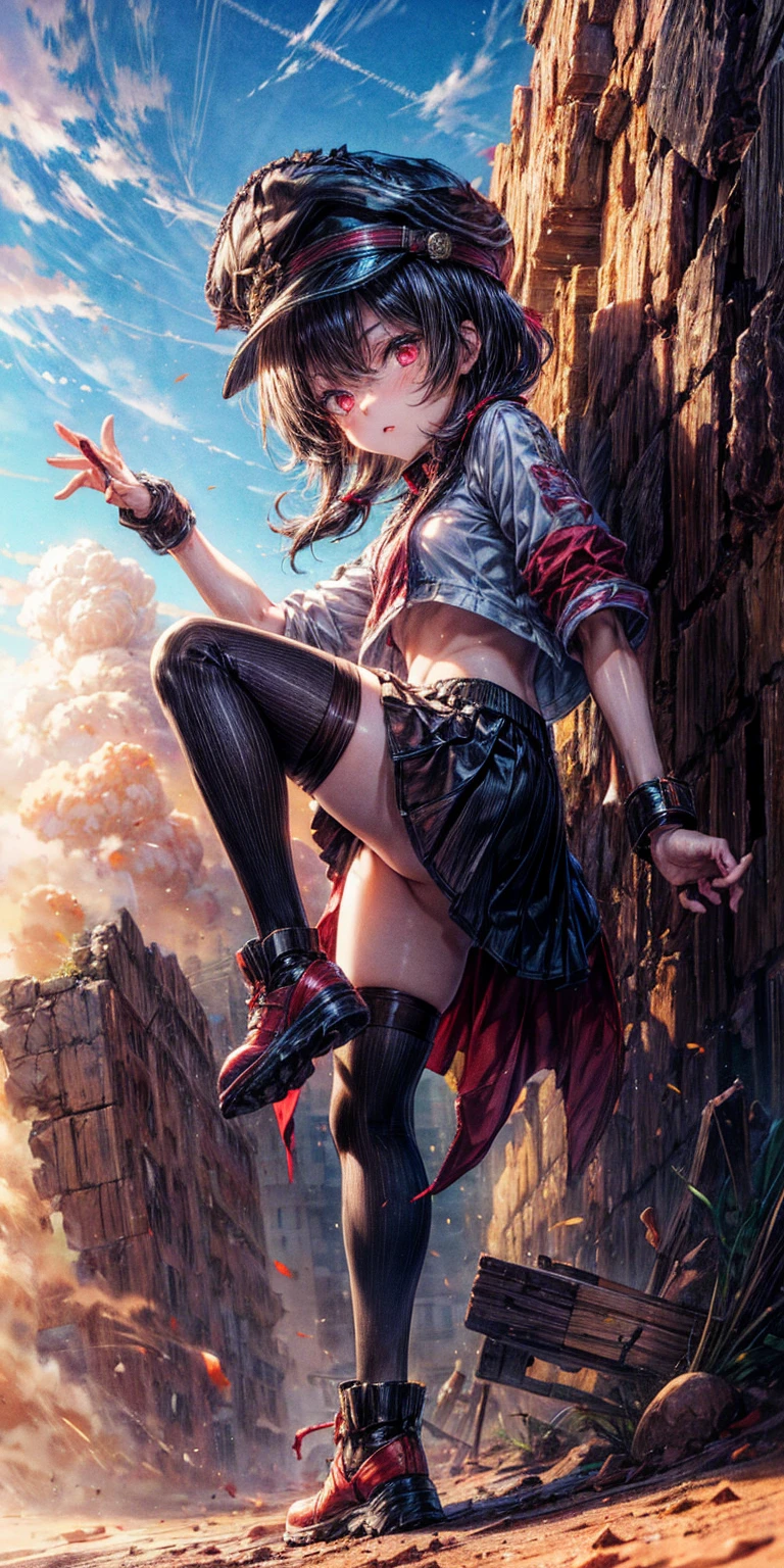 High Quality, Masterpiece, 1girl, MONSTER kicking, DESERT SAND STORM, standing on one leg, red eyes, hat, skirt, side slit, thigh highs