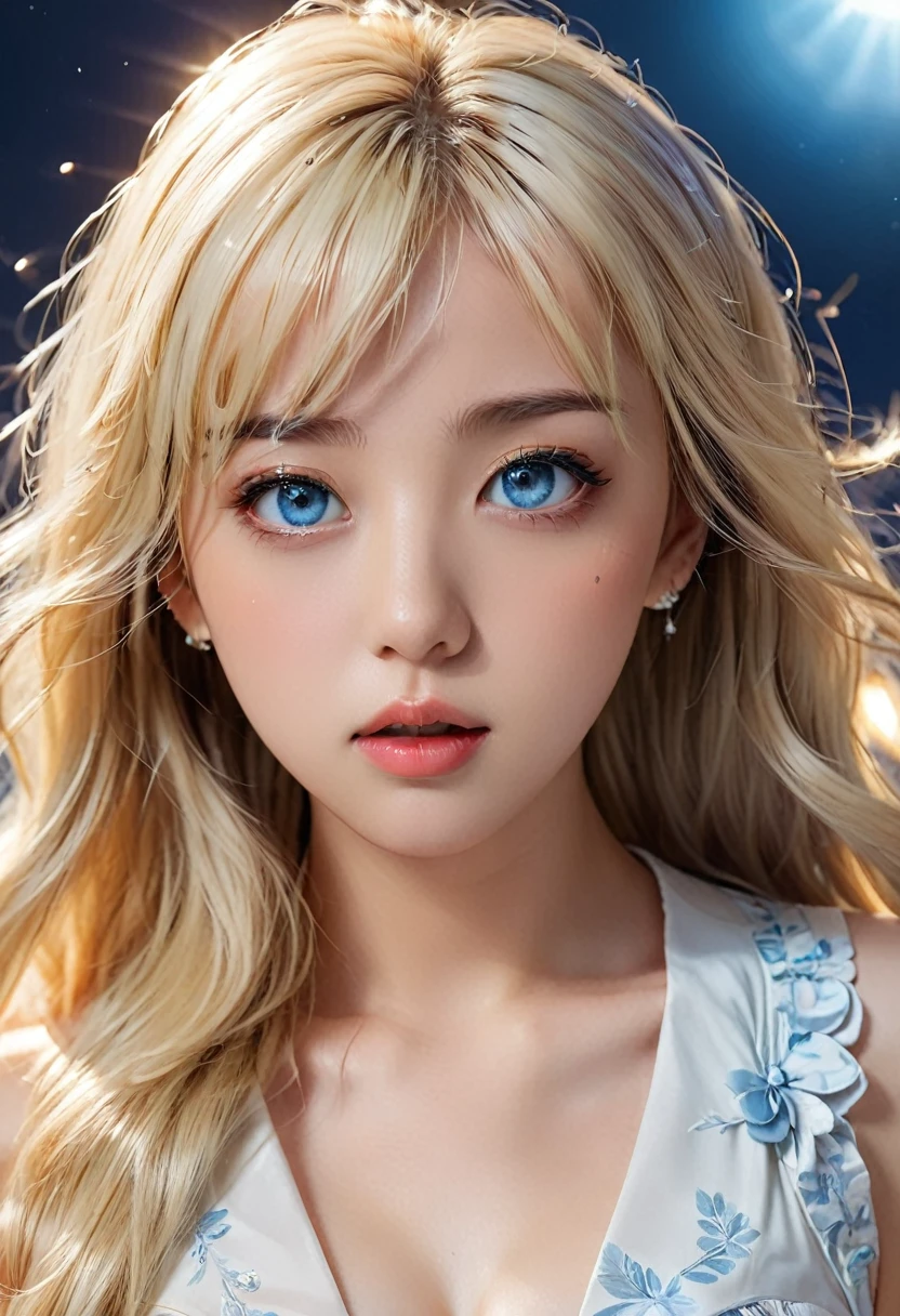 flying debris, Highest quality, shape, Very detailed, Finer details, High resolution, 8K デンデ wallpaper, Perfect dynamic composition, Beautiful and beautiful eyes, dress, Super long platinum blonde hair,Bangs that flow between the eyes、 Hair above the eyes on the chest, Natural color lip, Random sexy poses,Embarrassed look,Beautiful 15 year old girl,Cute type、Her big, Her bright light blue eyes shine beautifully..、Very big eyes、Cheek highlight、Very white and beautiful skin、Glowing Skin、Small face girl