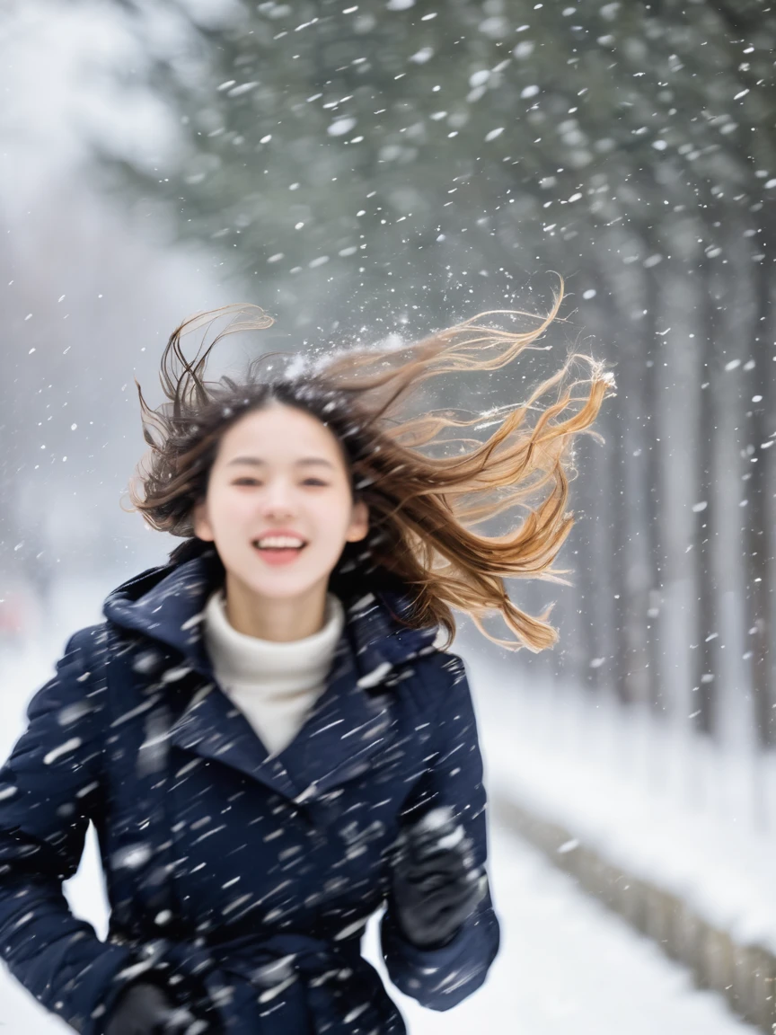 1girl,motion blur,snowstorm,floating hair,blurry_foreground,background blurring,