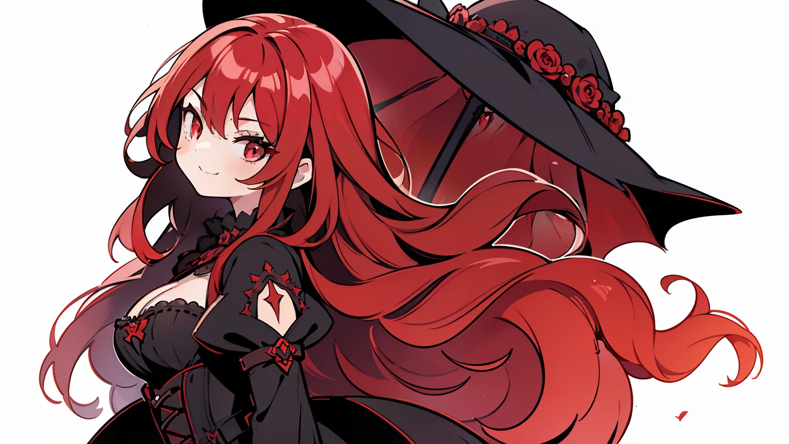 masterpiece, beautiful detailed, 1girl, (gothic dress), red Eyes, red hair, wavy hair, long hair, evil smile, medium breasts, hair intakes, dark color, ((from side)), (((bold outline))), limited palette