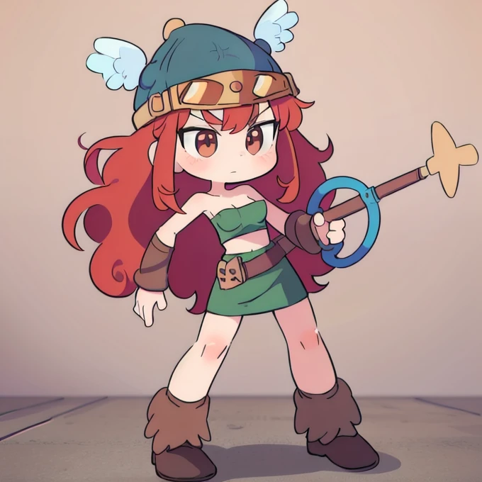 ((masterpiece, best quality)),(complex light), 1girl, solo, full body, barbara,  long hair, red hair,  brown hat with goggles, brown skirt, blue tube top, curly hair, brown shoes