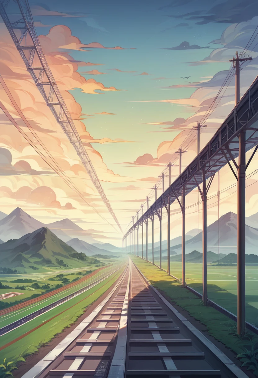 Anime train crossing track in sky background, beautiful and harmonious scene, exquisite animation, rich details (width is 672), high quality, clarity 4k, artistic 4k wallpaper, stunning anime landscape, 8k art wallpaper.