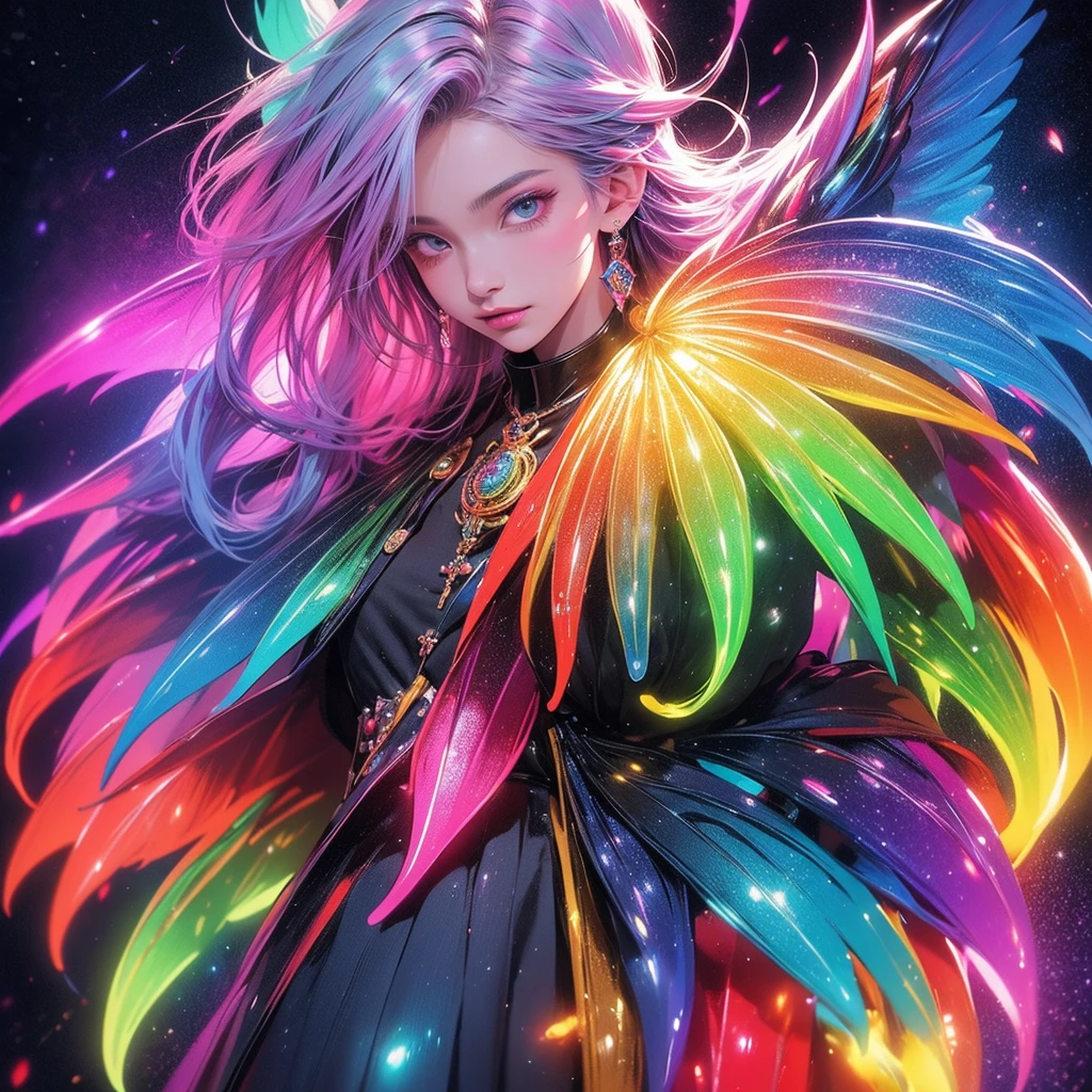 Vibrant, colorful,rainbow colors, fantasy world, magical characters, beautiful, artistic style, unique character design, creative compositions, mystical creatures, glowing effects, abstract elements, high resolution,(((best quality))) , (((ultra-detailed))) , masterpiece, 8k