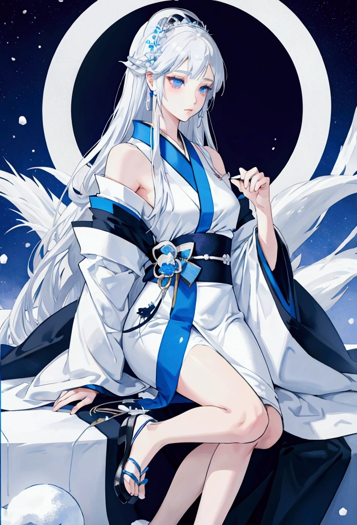 Beautiful snow woman girl, Silver hair side tail, His shoulders are bare., black eye, White and blue kimono, Thin legs, Princess Yukiko
