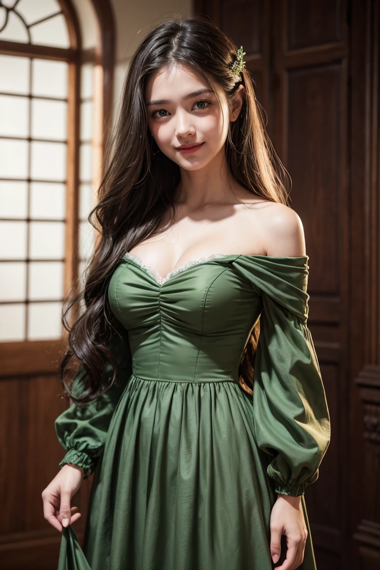 1 18th century girl, long dark wavy hair, medium and round chest evident in the off-the-shoulder neckline of the dress, drlight smile, skin detailed, pore, striking green eyes