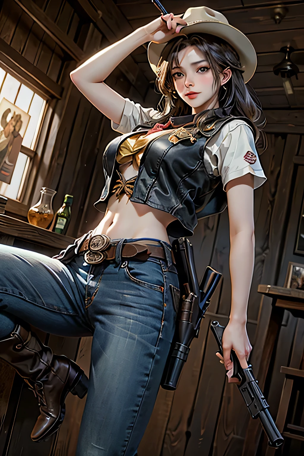 gun, photorealistic, RAW Photos、Realistic、(Super detailed)、(High resolution:1.2)、(masterpiece)、(Highest quality)、8k、Ultra-Details、(Perfect Anatomy:1.3)、Beautiful Eyes、Angle from below、Cowgirl、One girl、View your viewers、western movie images、(Cowboy hat)、Western Boots、neckerchief、(Leather vest)、(gun belt:1.3)、(Detailed depiction of a revolver:1.4)、rifle、(Gun holster)、jeans、horse、Western Landscape、Cactus、(Golden sunset)、Detailed depiction of intricate costumes、(Super hourglass body type)、(Super big breasts pointing upwards:1.4)、(A scene from a western movie)、(Hold the gun grip correctly)、(Shoot a handgun)、Correct fingers、Leg spread、[[[logic]]]、(Acrobatic Gunfighter Pose)、A confident smile、(Western Geki Bar)、The other cowboys