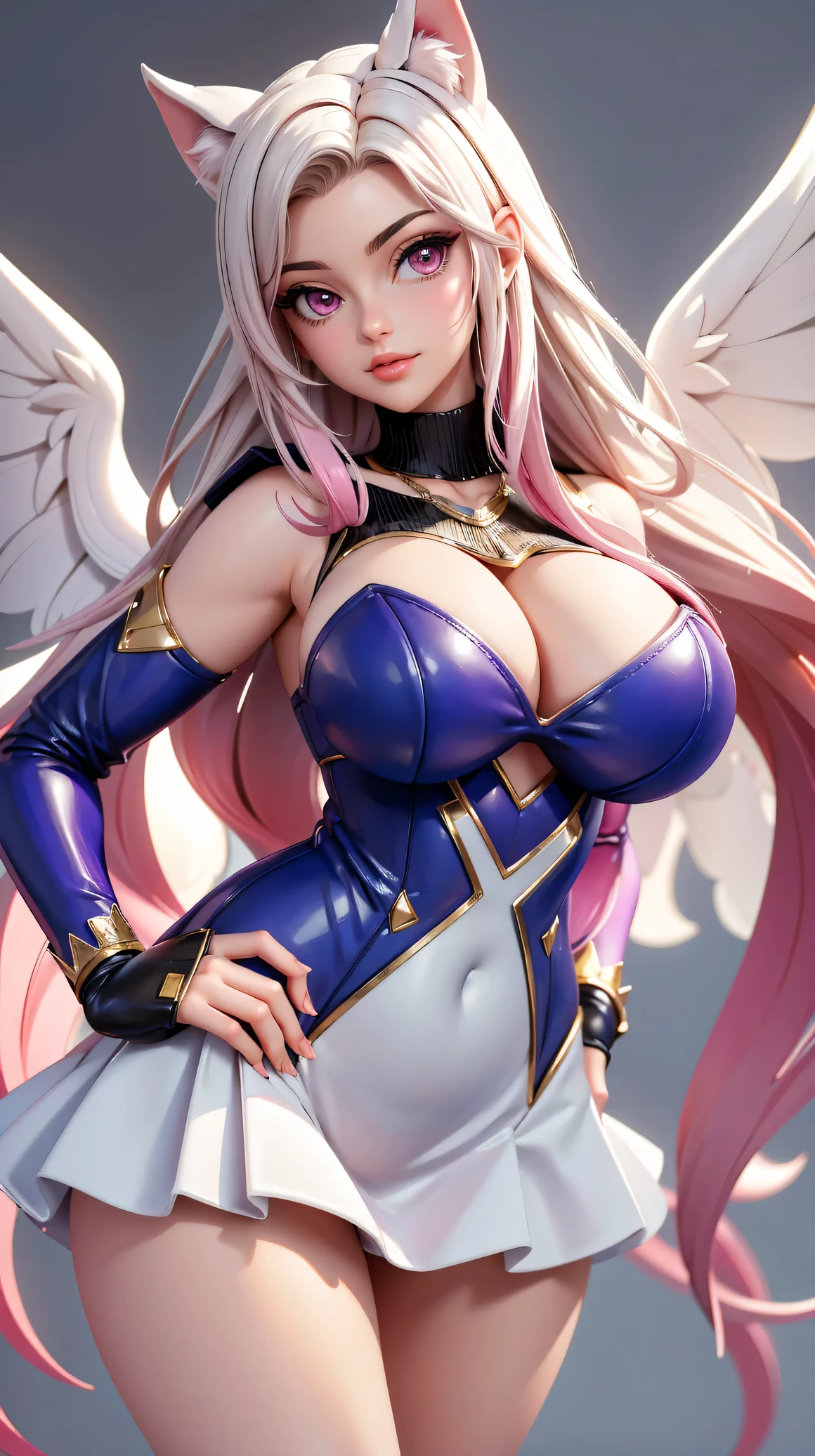 (best qualityer)), ((work of art)), (detailded),(best qualityer)), ((work of art)), (detailded), ombro to ombro sweater, photo realist, high resolution, 1 women, mature woman, standing alone, hips up, purples eyes, cuddly, ahri (League of Legends), pink  hair, mitts, long hair, thicc thighs, overskirt, elbow mitts, hand on hip, bared shoulders, standing alone, wings, White mitts, breastsout, pink eyes, bangss, magic, ornament hair, posse sexy, sexyposture, very sensual