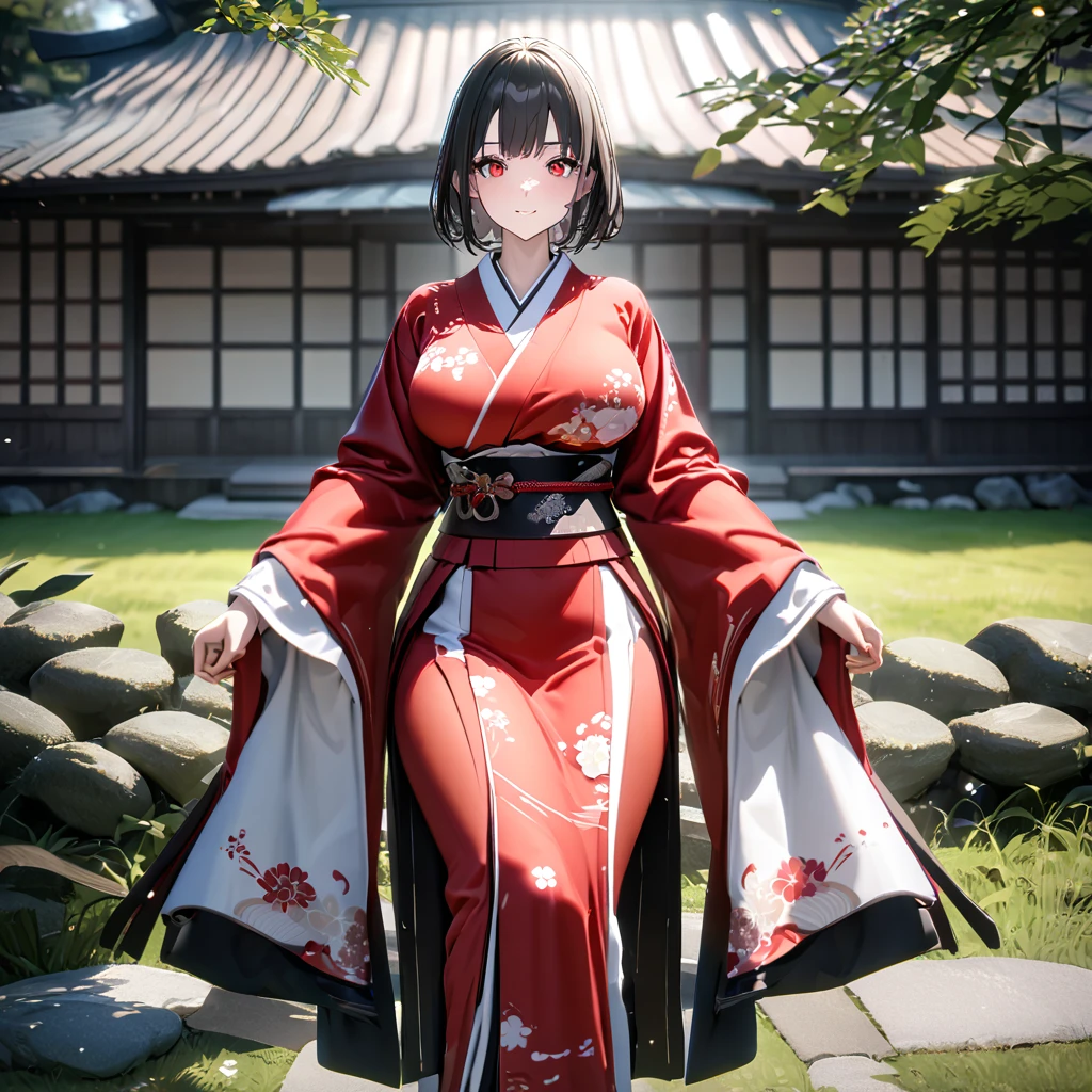 A woman wearing a red kimono with white flower designs, white sleeves, walking in a Japanese garden, wide lawn, white sky with red sun Japanese style, Japanese house next door, black hair, short hair, red eyes, large breasts, posture feet, perfect face, perfect eyes,(solo woman) ,UHD , prime work , accurate , anatomically correct , textured skin , super details , high quality , best quality, 8k, high resolution, bokeh effect.