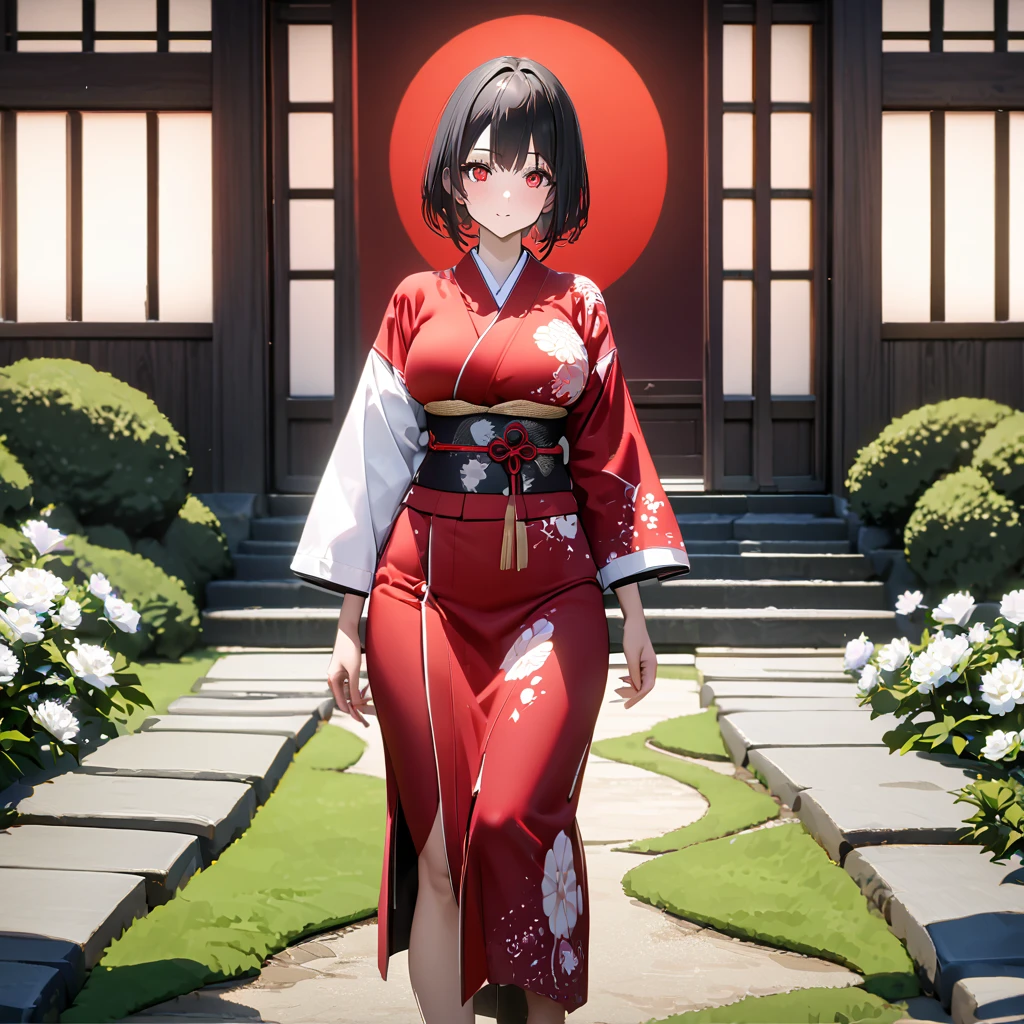 A woman wearing a red kimono with white flower designs, white sleeves, walking in a Japanese garden, wide lawn, white sky with red sun Japanese style, Japanese house next door, black hair, short hair, red eyes, large breasts, posture feet, perfect face, perfect eyes,(solo woman) ,UHD , prime work , accurate , anatomically correct , textured skin , super details , high quality , best quality, 8k, high resolution, bokeh effect.
