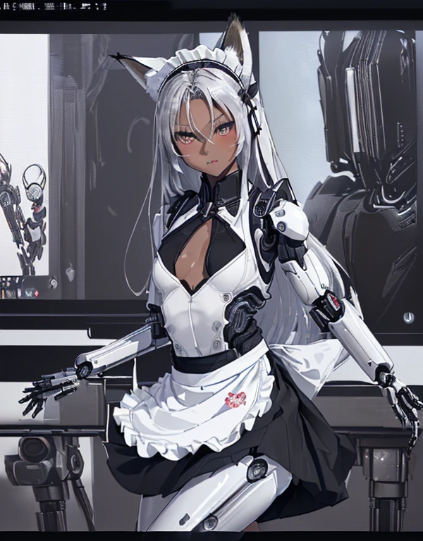 (8k, Realistic, RAW Photos, Highest quality: 1.3), (Fox Girl, Fox Ears, Fox Makeup, One Girl, Long Hair, Alone on the screen, dark skin, High definition, high resolution:1.6), とてもbeautiful, (Realistic Face), (boyish, Silver color very long hair), (maid apron, Black and white clothes, skirt, mecha musume, Machinery Parts,Robot Joints, Only the legs are mechanical suit:1.6), (Body measurements are 75-60-75!, Young girl body, Small breasts, skirt hold, slender, muscle:1.9), A brilliance that captivates the viewer, beautiful expression, beautiful breasts, (Realistic Skin), beautiful..., bent over