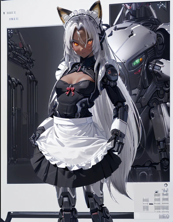 (8k, Realistic, RAW Photos, Highest quality: 1.3), (Fox Girl, Fox Ears, Fox Makeup, One Girl, Long Hair, Alone on the screen, dark skin, High definition, high resolution:1.6), とてもbeautiful, (Realistic Face), (boyish, Silver color very long hair), (maid apron, Black and white clothes, skirt, mecha musume, Machinery Parts,Robot Joints, Only the legs are mechanical suit:1.6), (Body measurements are 75-60-75!, Young girl body, Small breasts, skirt hold, slender, muscle:1.9), A brilliance that captivates the viewer, beautiful expression, beautiful breasts, (Realistic Skin), beautiful..., bent over