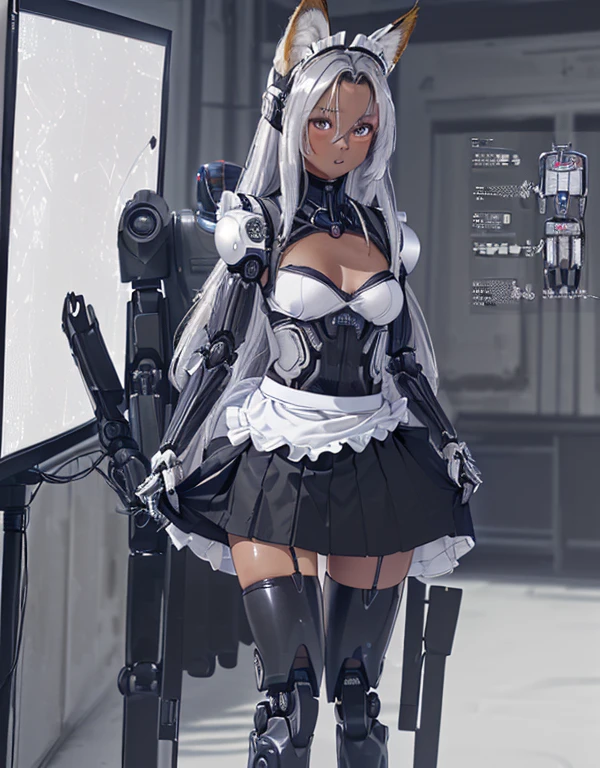 (8k, Realistic, RAW Photos, Highest quality: 1.3), (Fox Girl, Fox Ears, Fox Makeup, One Girl, Long Hair, Alone on the screen, dark skin, High definition, high resolution:1.6), とてもbeautiful, (Realistic Face), (boyish, Silver color very long hair), (maid apron, Black and white clothes, skirt, mecha musume, Machinery Parts,Robot Joints, Only the legs are mechanical suit:1.6), (Body measurements are 75-60-75!, Young girl body, Small breasts, skirt hold, slender, muscle:1.9), A brilliance that captivates the viewer, beautiful expression, beautiful breasts, (Realistic Skin), beautiful..., bent over