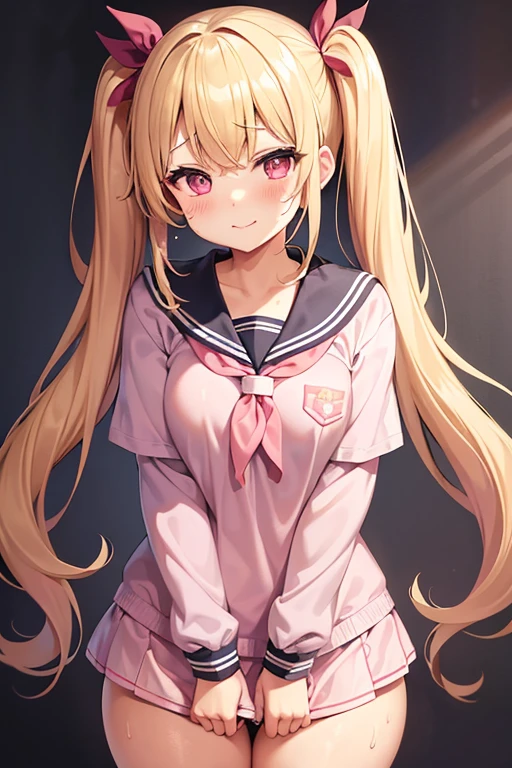 pretty girl、Young face、Blonde、Twin tails、Wavy Hair、Pink eyeischievous face、Spoiled brat、uniform、（Sailor suit）、Immature body、Small breasts、smile、Sweat、sexy panties、（Thick thighs:1.5）