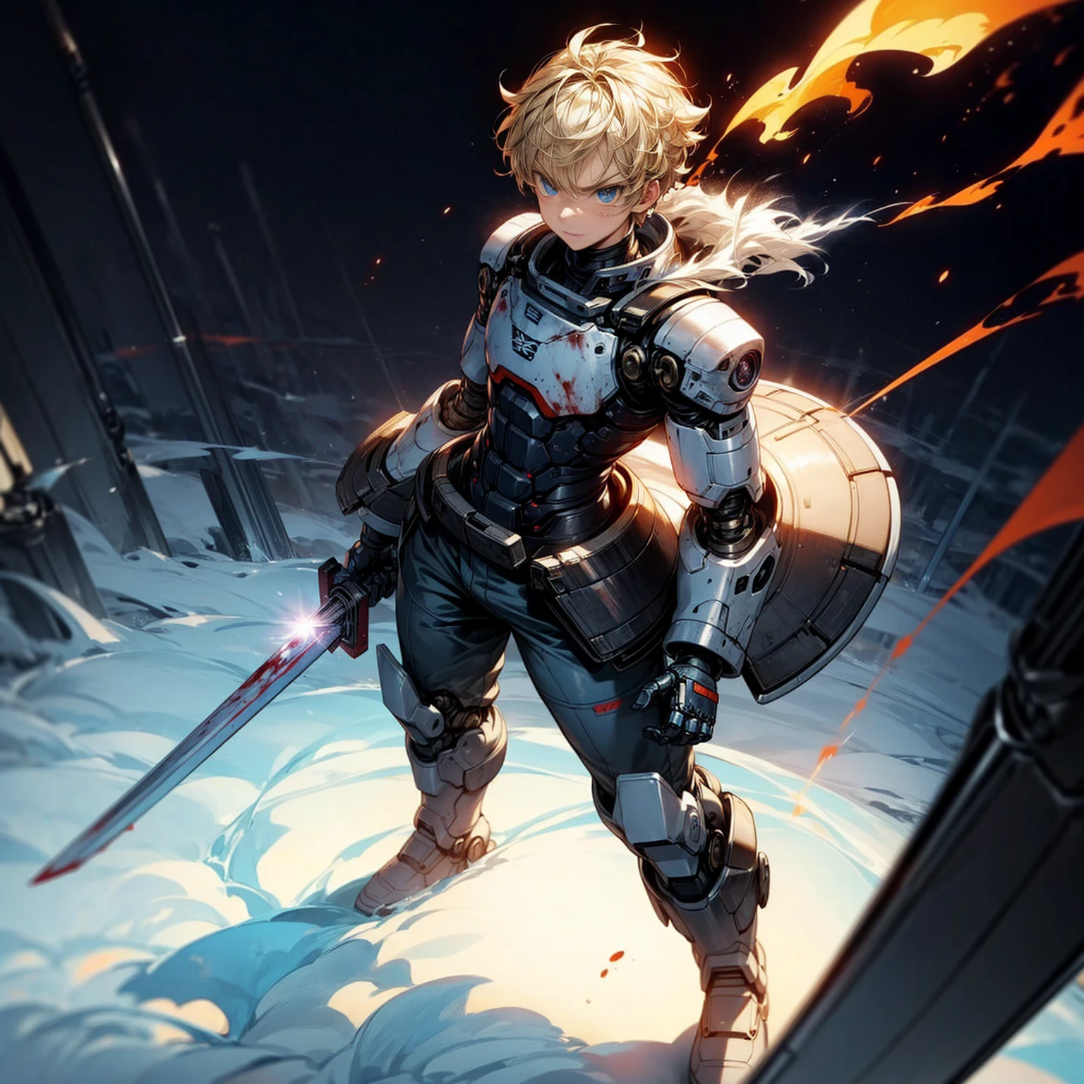 Ultra detailed, full background, Full body version, Grassroots, background in snow field, (solo, boy, cyborg, big muscle, blue eyes, angry eyes, blonde color hair, short Curly hairstyle, pants, Boots), full robotic outfit, high angle view, smoke effect, fire effect, lighting effect on sword, lighting laser, sword robot in hand, lighting gold on sword, plasma effect, blood on background, standing gesture