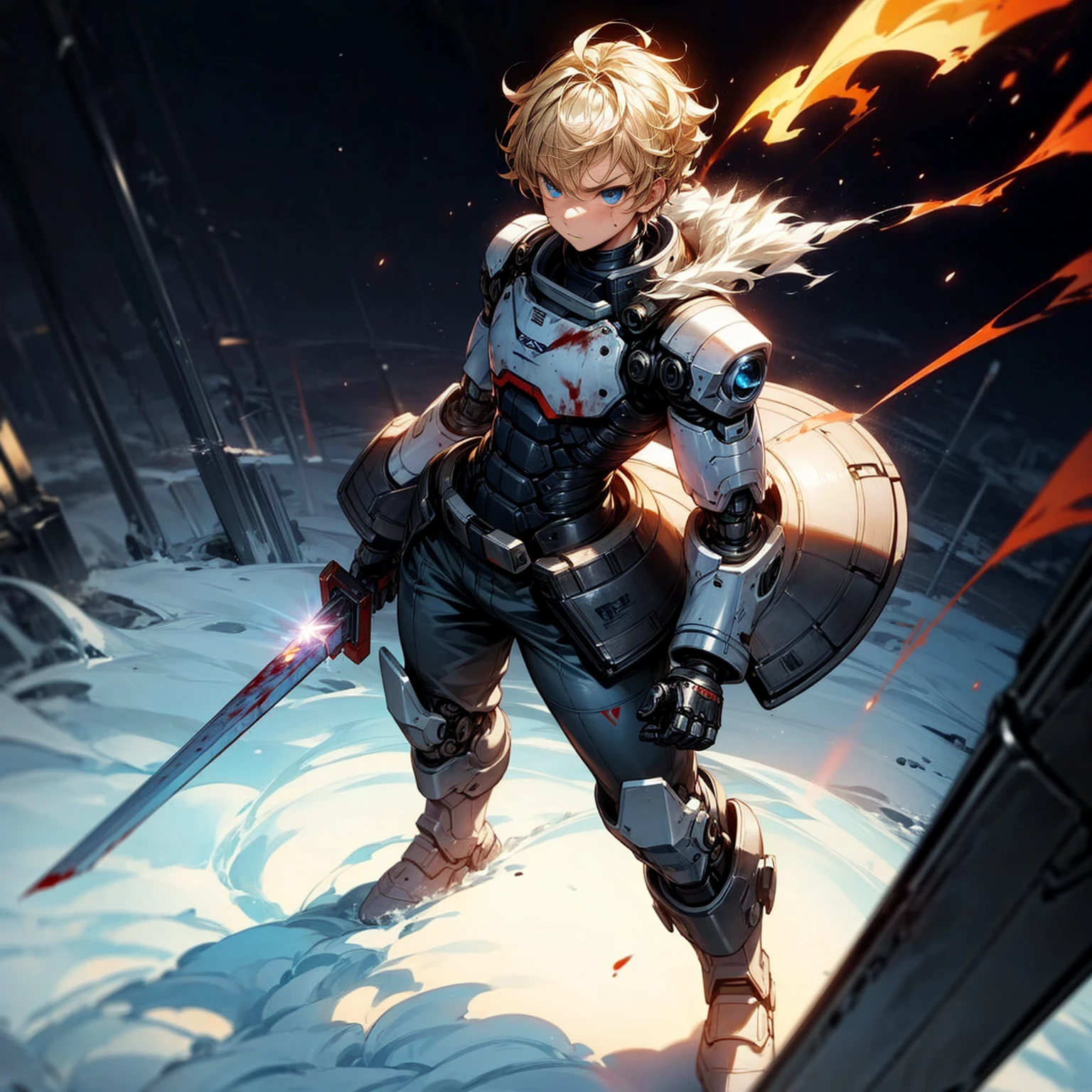 Ultra detailed, full background, Full body version, Grassroots, background in snow field, (solo, boy, cyborg, big muscle, blue eyes, angry eyes, blonde color hair, short Curly hairstyle, pants, Boots), full robotic outfit, high angle view, smoke effect, fire effect, lighting effect on sword, lighting laser, sword robot in hand, lighting gold on sword, plasma effect, blood on background, standing gesture