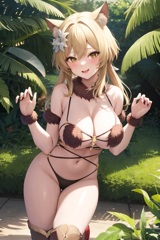 masterpiece, best quality, beautiful art, high resolution, well formed hands, body and fingers, 1 woman, solo, Lumine , blonde, full body picture, grown up, adult, large and rounded breasted, cleavage, hair ornament, wearing a Dangerous Beast outfit , dangerous_beast_cosplay, claws, fangs, full body, sexy and skimpy bikini, gorgeous hips, legs and thighs bouncing breasts, red boots, dancing seductively and erotically, turning backwards and forwards, bikini thong, shaking her body alluringly, smiling joyfully, looking at the viewer, sweating , flirting, beach environment